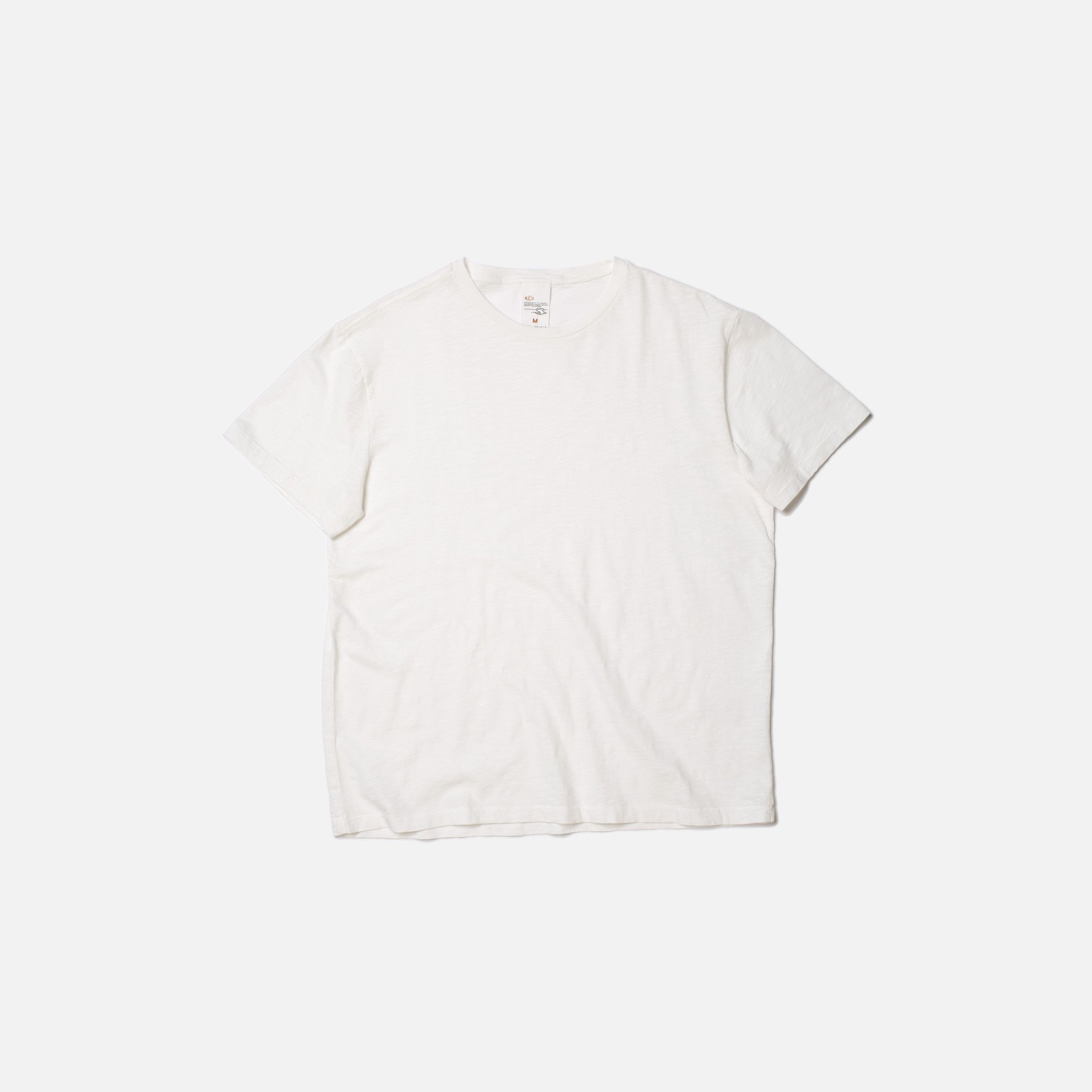 Nudie Jeans Roffe Slub T-shirt in Offwhite, a men's regular fit t-shirt shown laid flat against a white background.