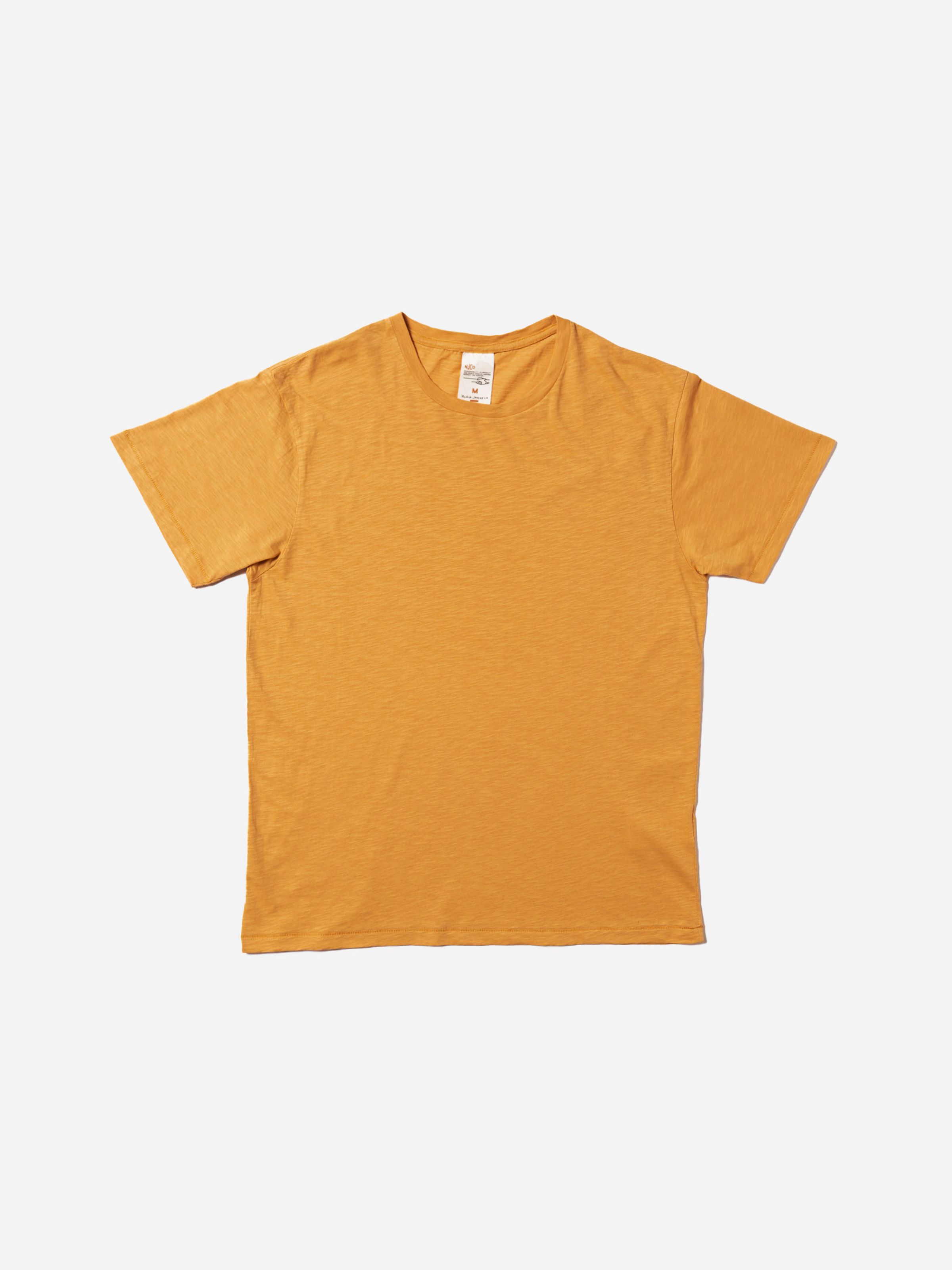 Nudie Jeans Roffe T-shirt in Ochre, a men's regular fit t-shirt laid flat.