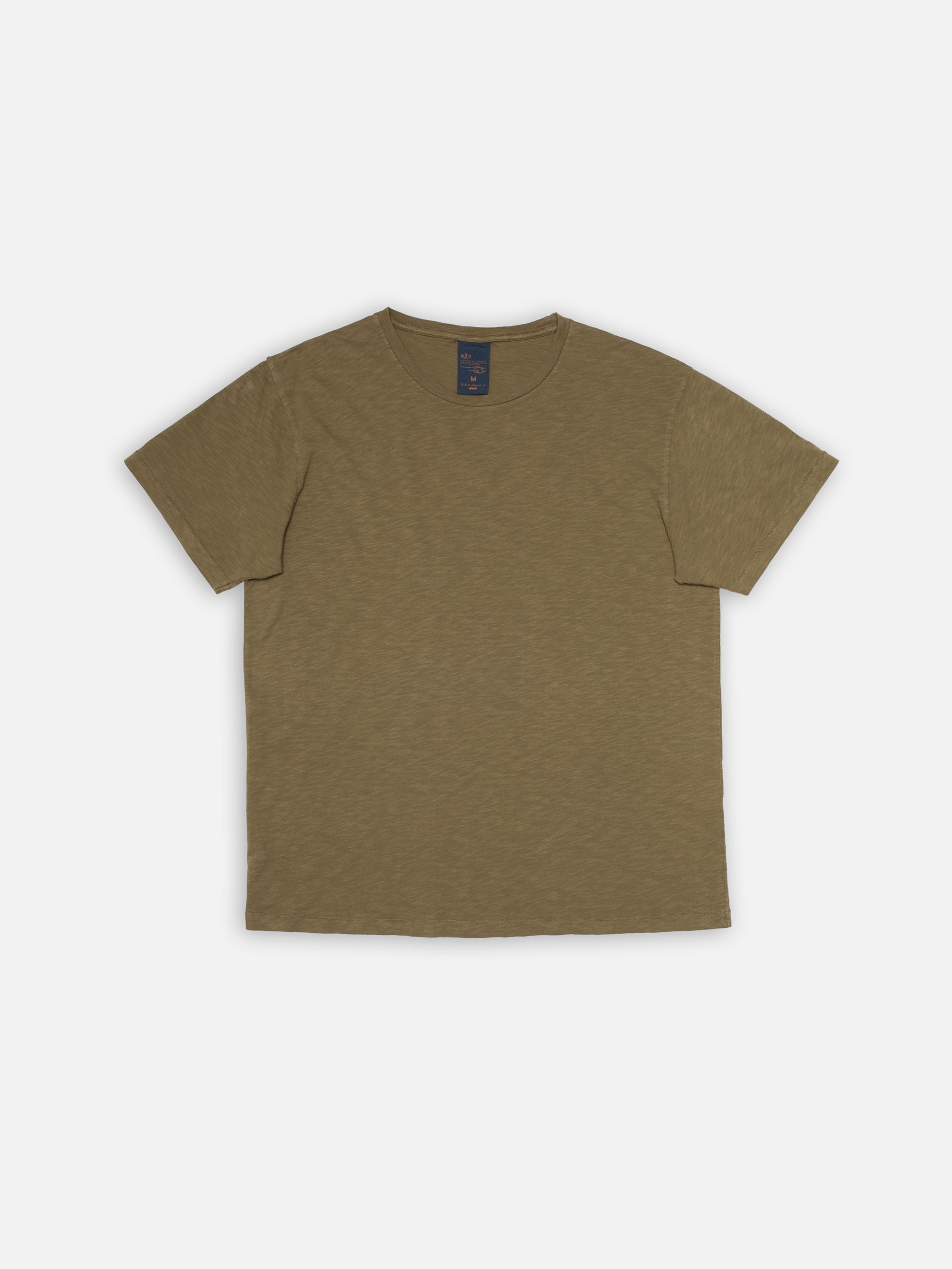 Nudie Jeans Roffe T-shirt in Olive, a men's regular fit t-shirt shown laid flat.