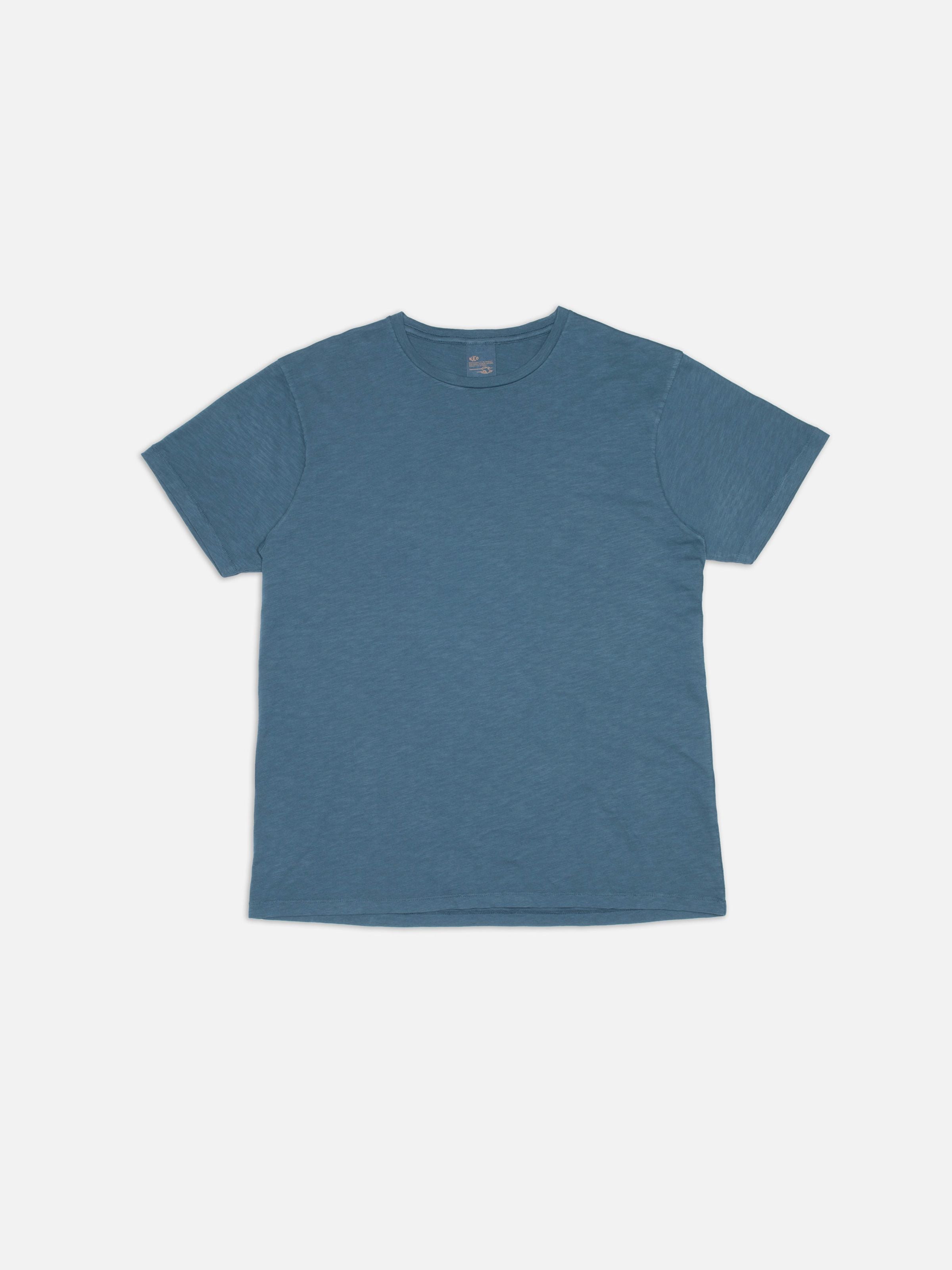 Nudie Jeans Roffe Slub T-Shirt Blue, men's regular fit t-shirt shown laid flat.