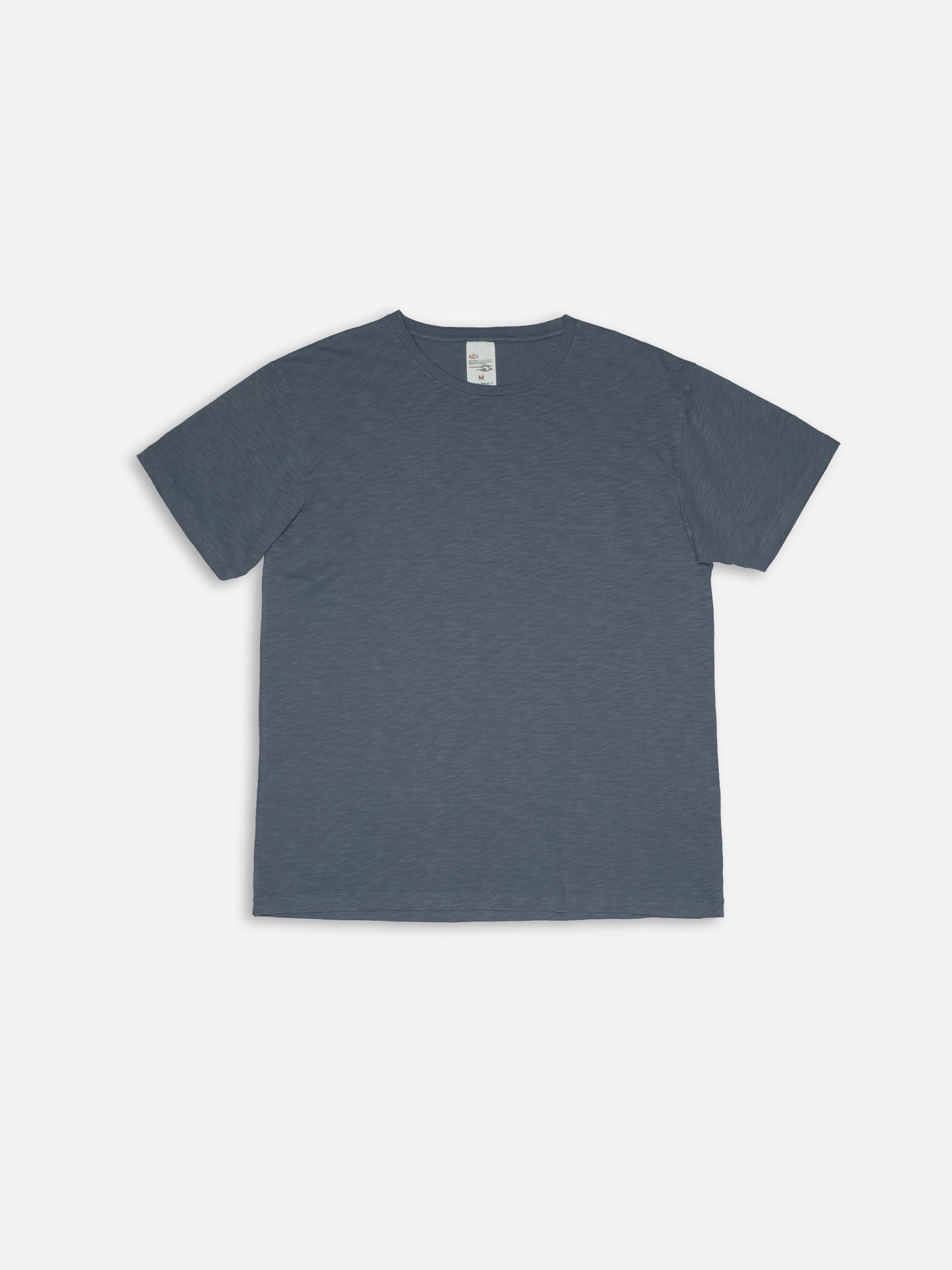 Nudie Jeans Roffe T-Shirt in Bluegrey, a men's regular fit t-shirt shown laid flat against a white background.