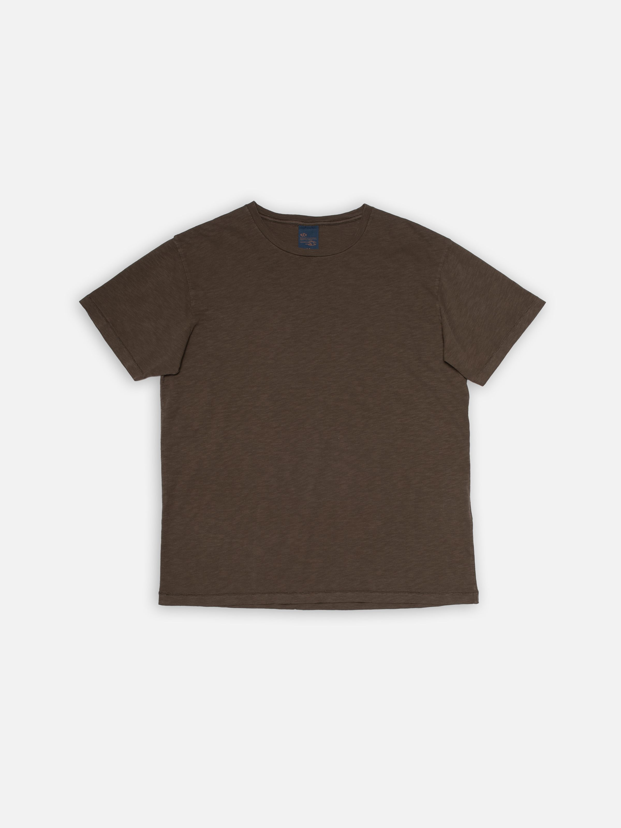 Nudie Jeans Roffe T-Shirt in Blackbrown, a men's regular fit t-shirt shown laid flat.