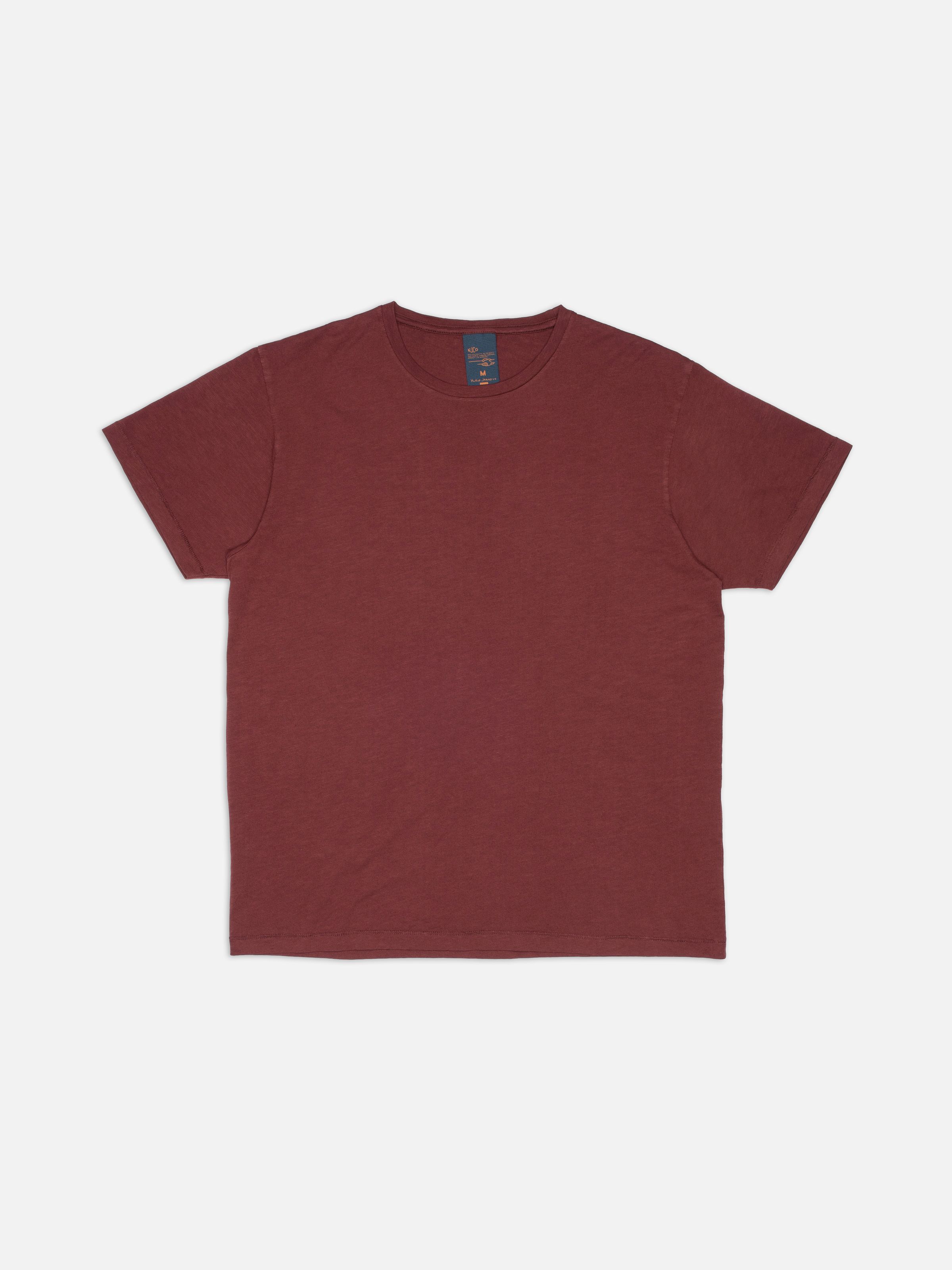 Nudie Jeans Roffe Slub T-Shirt in Burgundy, regular fit crew neck in organic slub cotton jersey, shown as a flatshot.