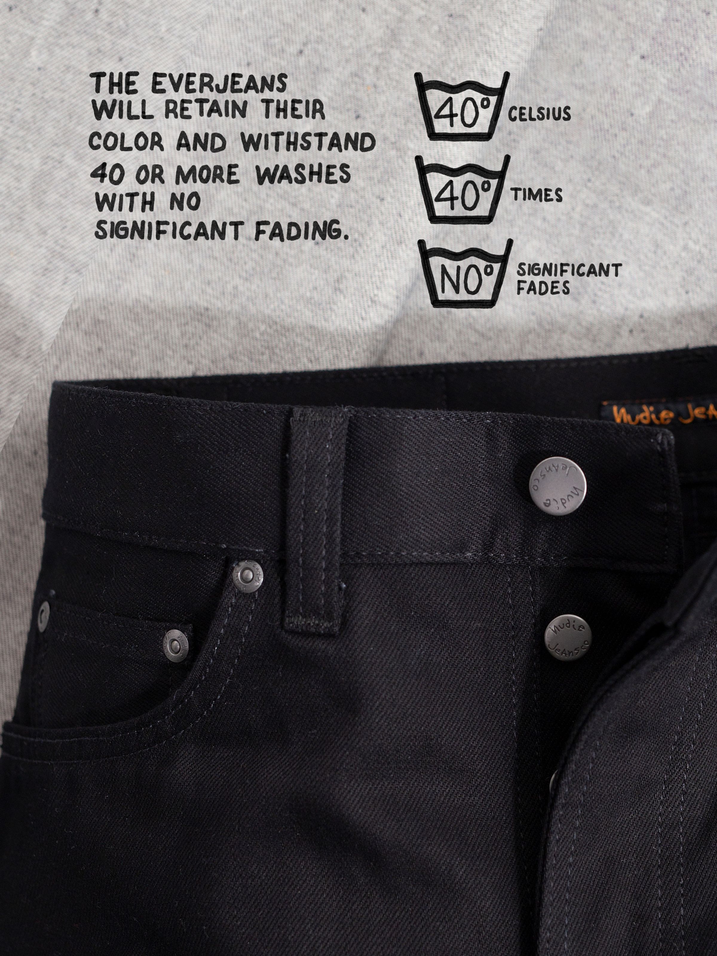 Nudie Jeans Gritty Jackson Dry Everblack, men's regular fit jeans, detail shot with text about its fade-resistant qualities.