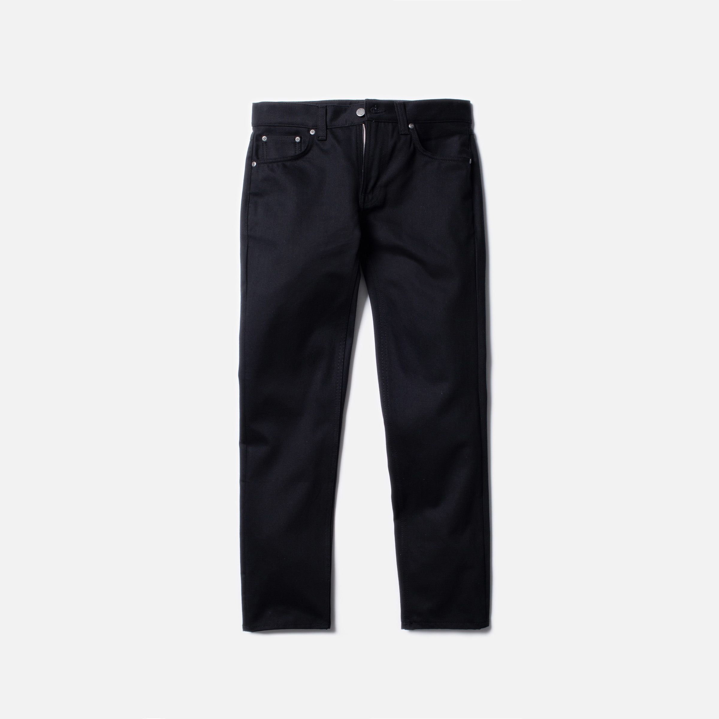 Nudie Jeans Gritty Jackson in Dry Everblack, a pair of men's regular fit jeans laid flat against a white background.