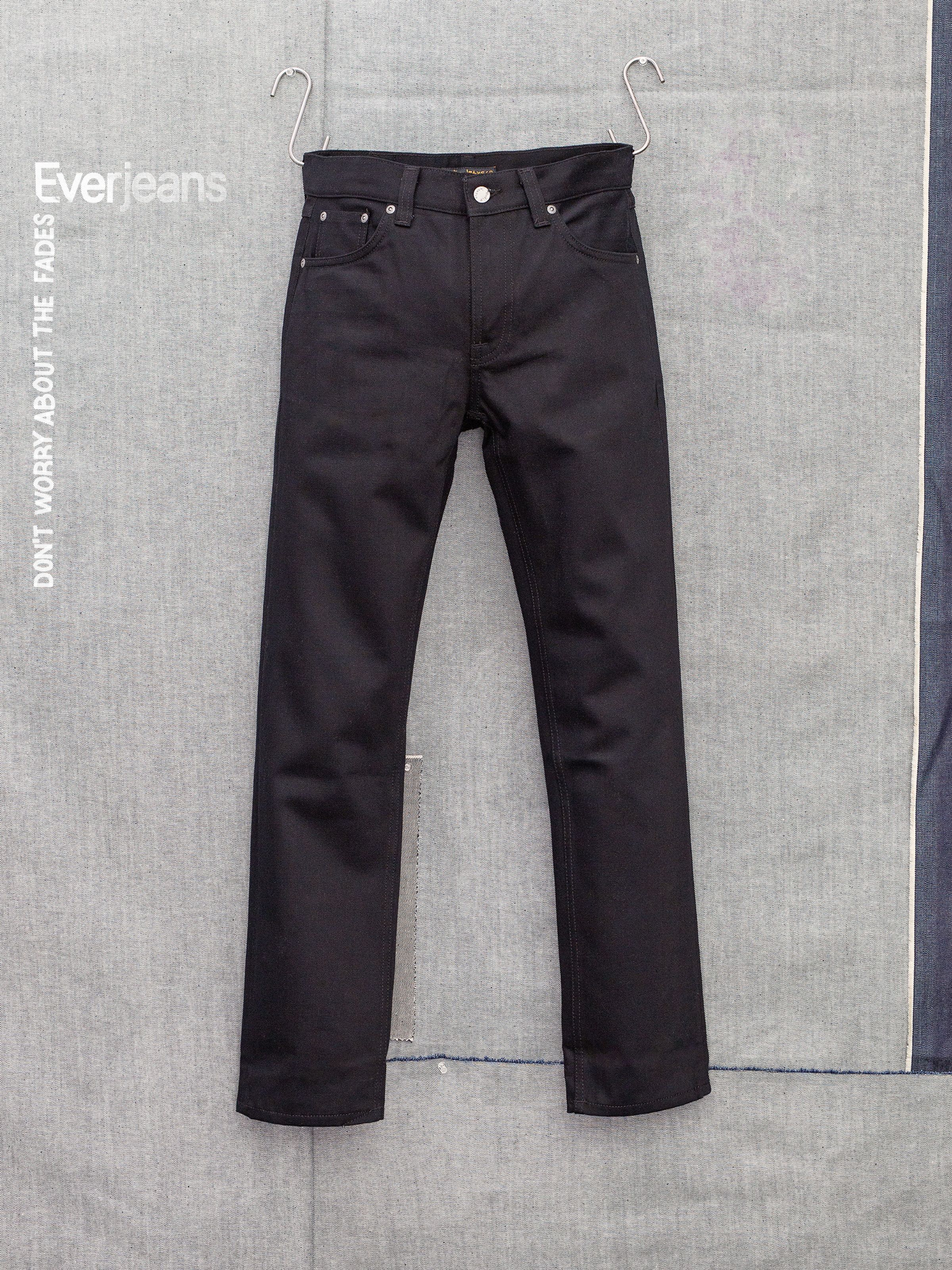 Nudie Jeans Gritty Jackson Dry Everblack, men's regular fit straight leg jeans, shown flat from the front.