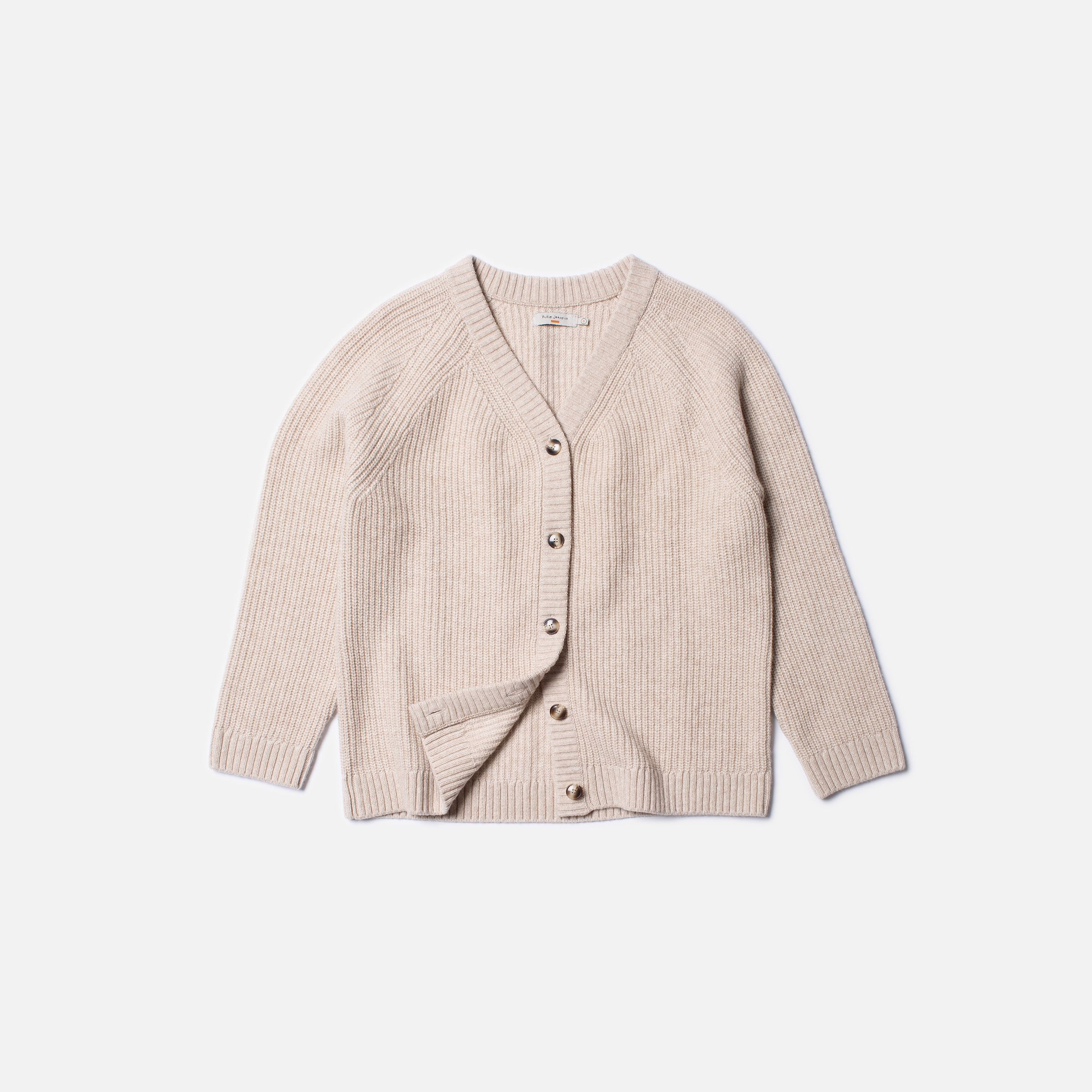 Nudie Jeans Kristina Rib Knit Cardigan Oat, a women's regular fit V-neck cardigan in oat, shown laid flat.