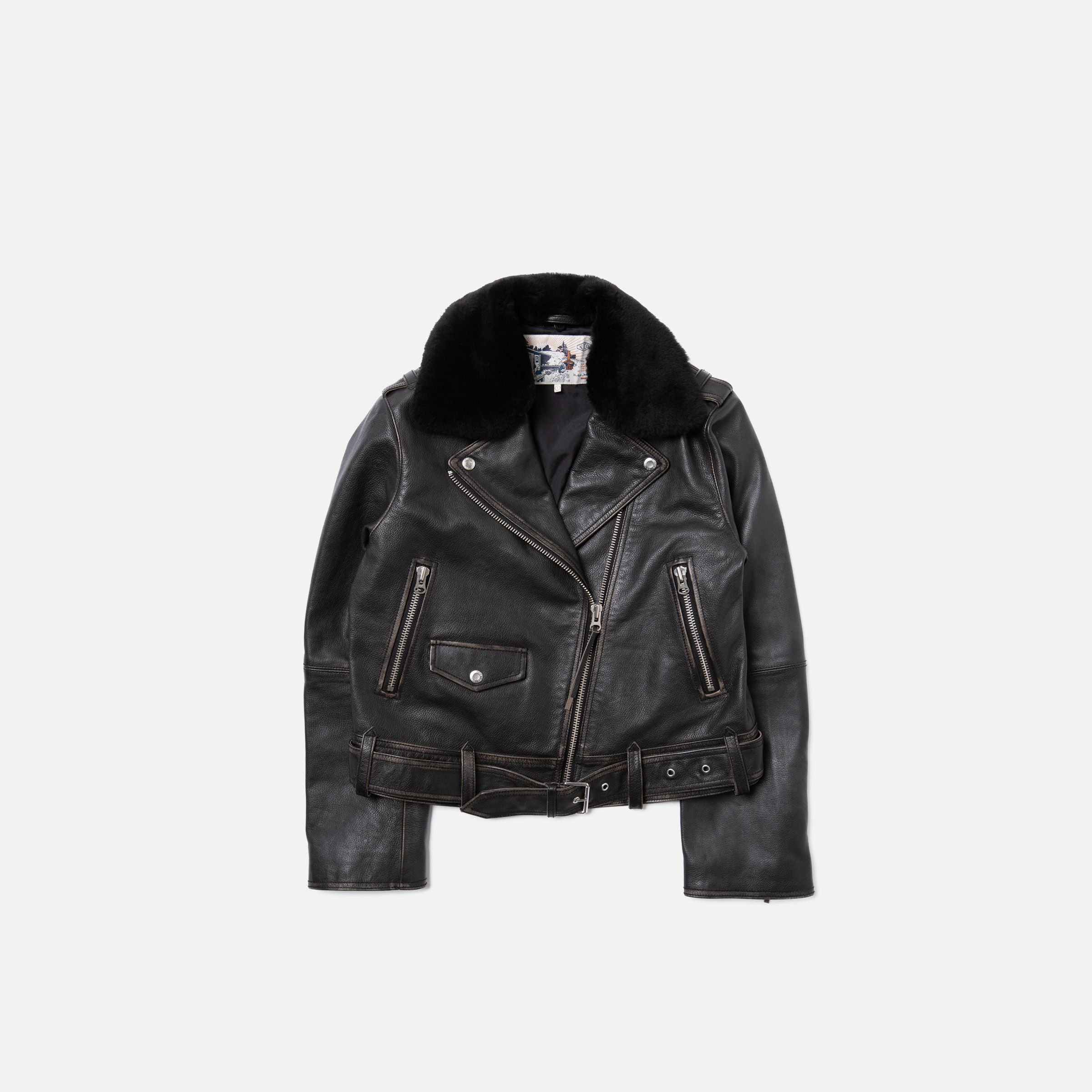 Nudie Jeans Greta Biker Leather Jacket Black, women's leather jacket with detachable shearling collar, laid flat.