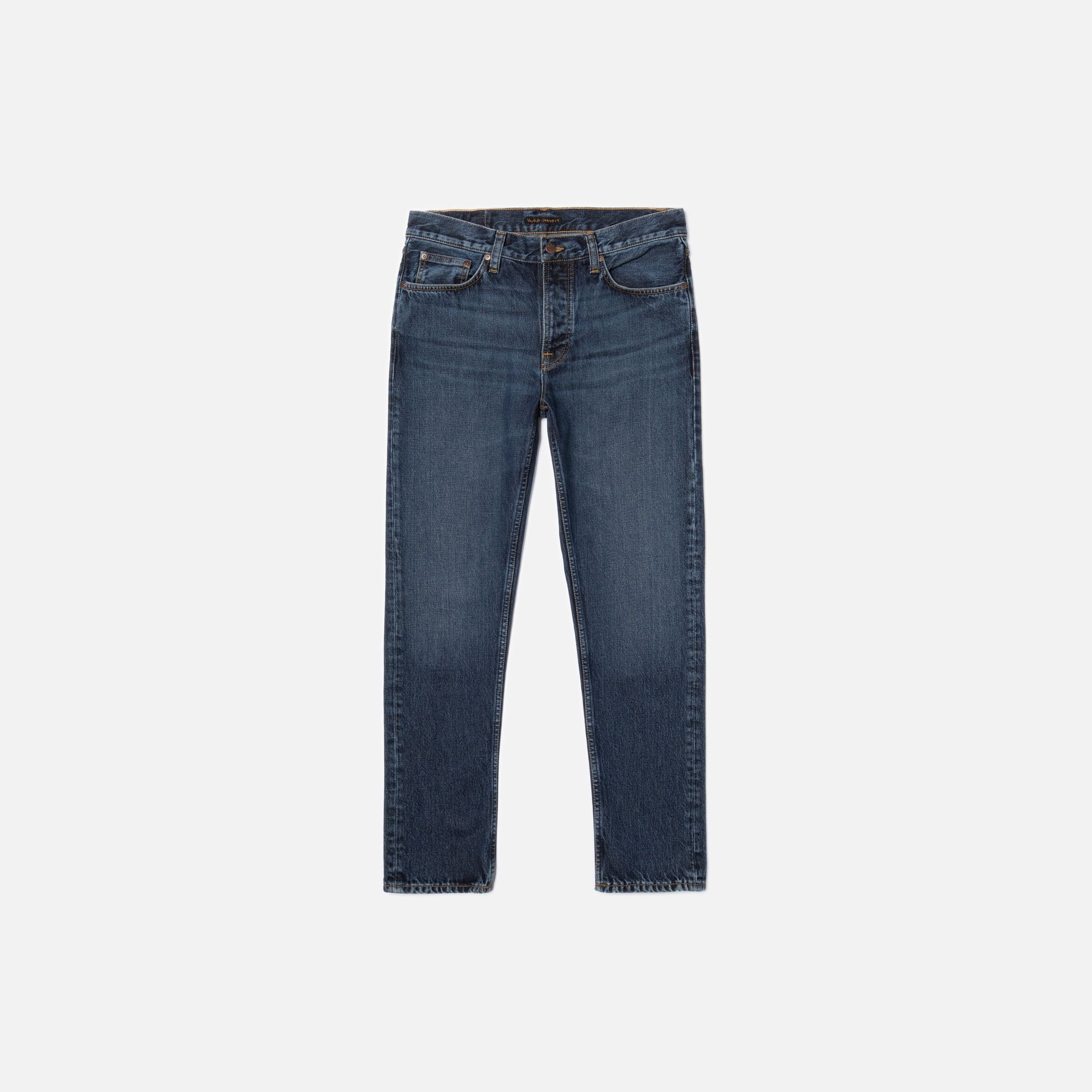 Nudie Jeans Steady Eddie II Blue Soil, Herren-Jeans mit normaler Passform und schmal zulaufendem Bein, flach liegend.
