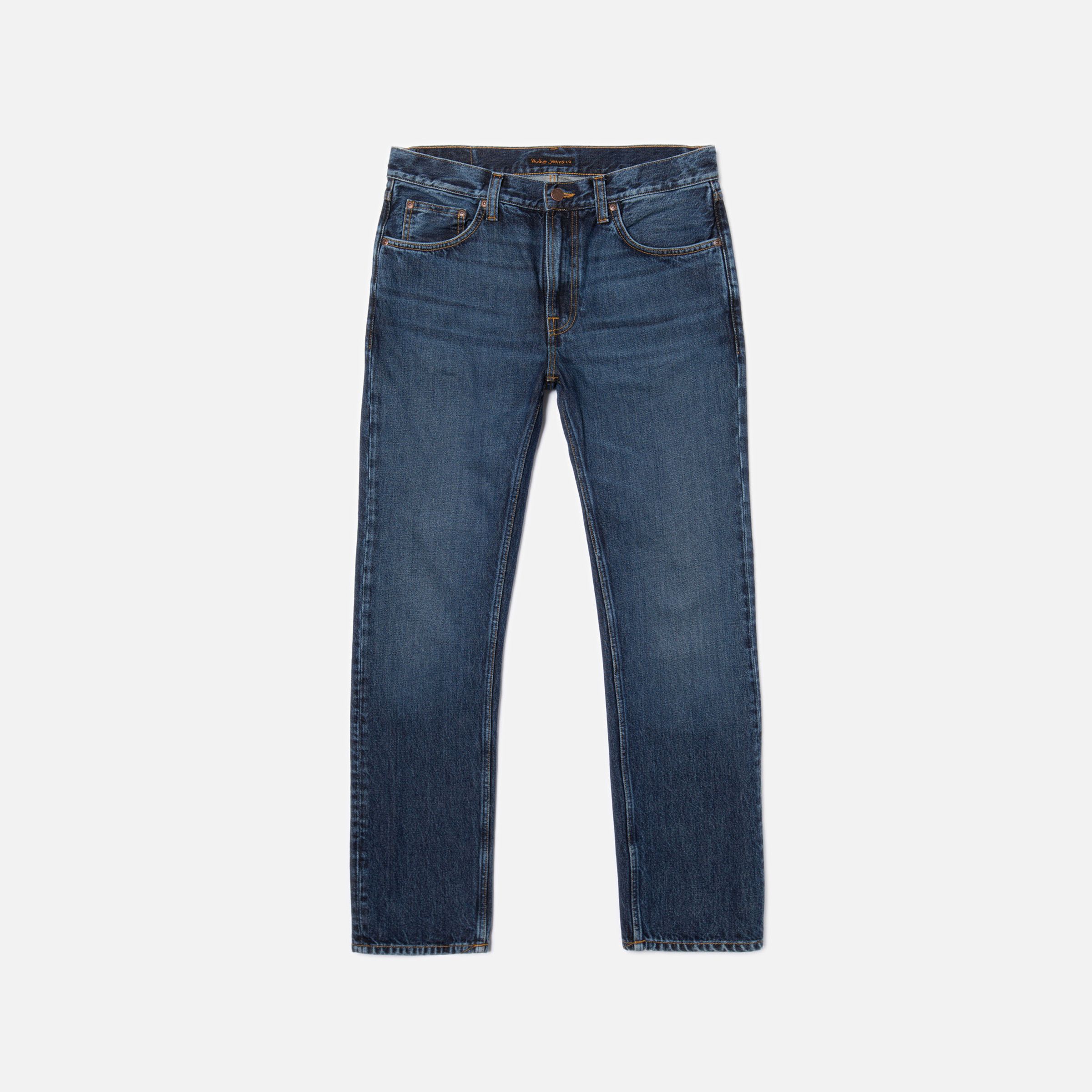 Nudie Jeans Gritty Jackson in Blue Soil, Herren-Jeans mit normaler Passform und geradem Bein, flach liegend.