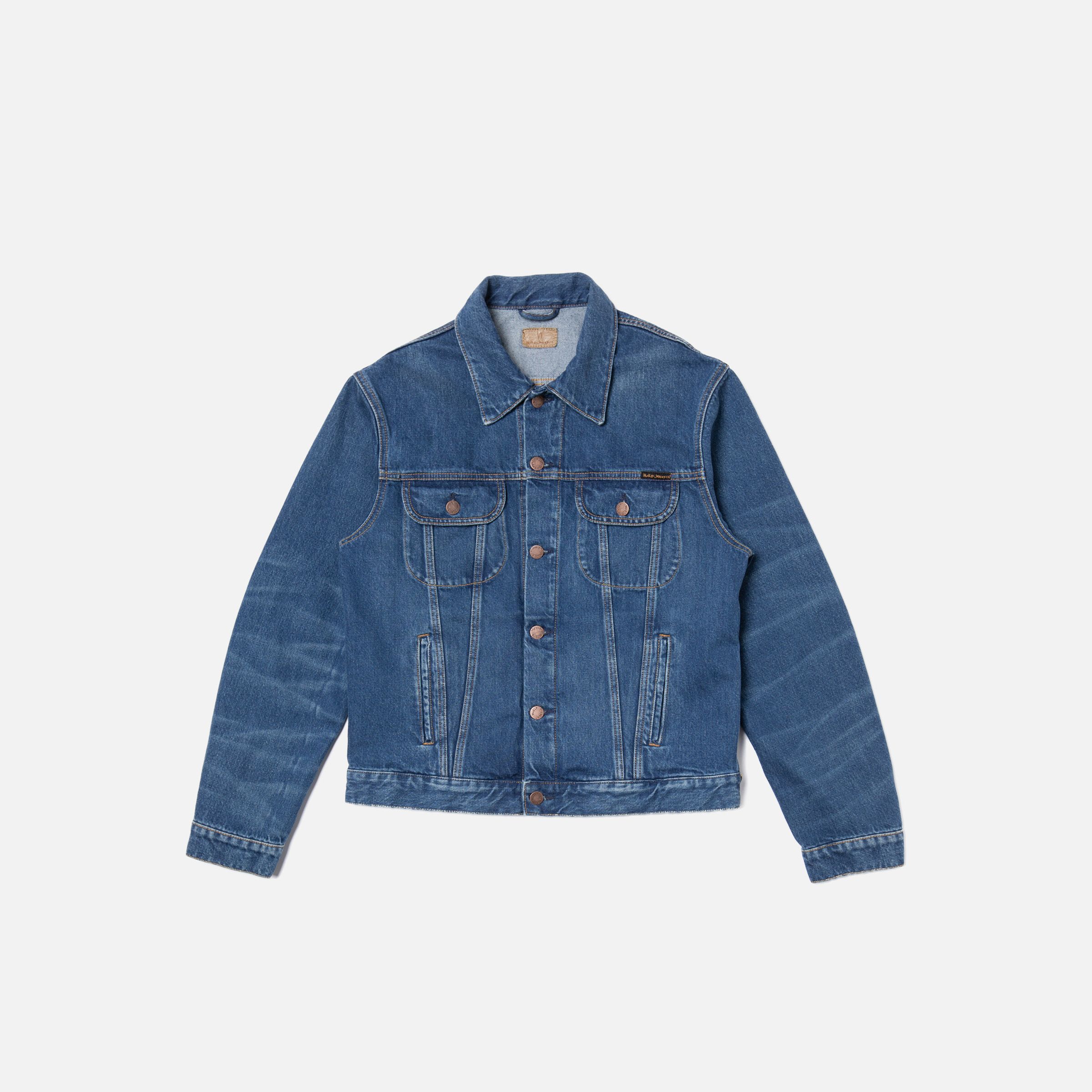 Nudie Jeans Danny Greasy Denim Jacket Mid Blue, a men's regular fit jacket in mid-blue denim, shown laid flat.