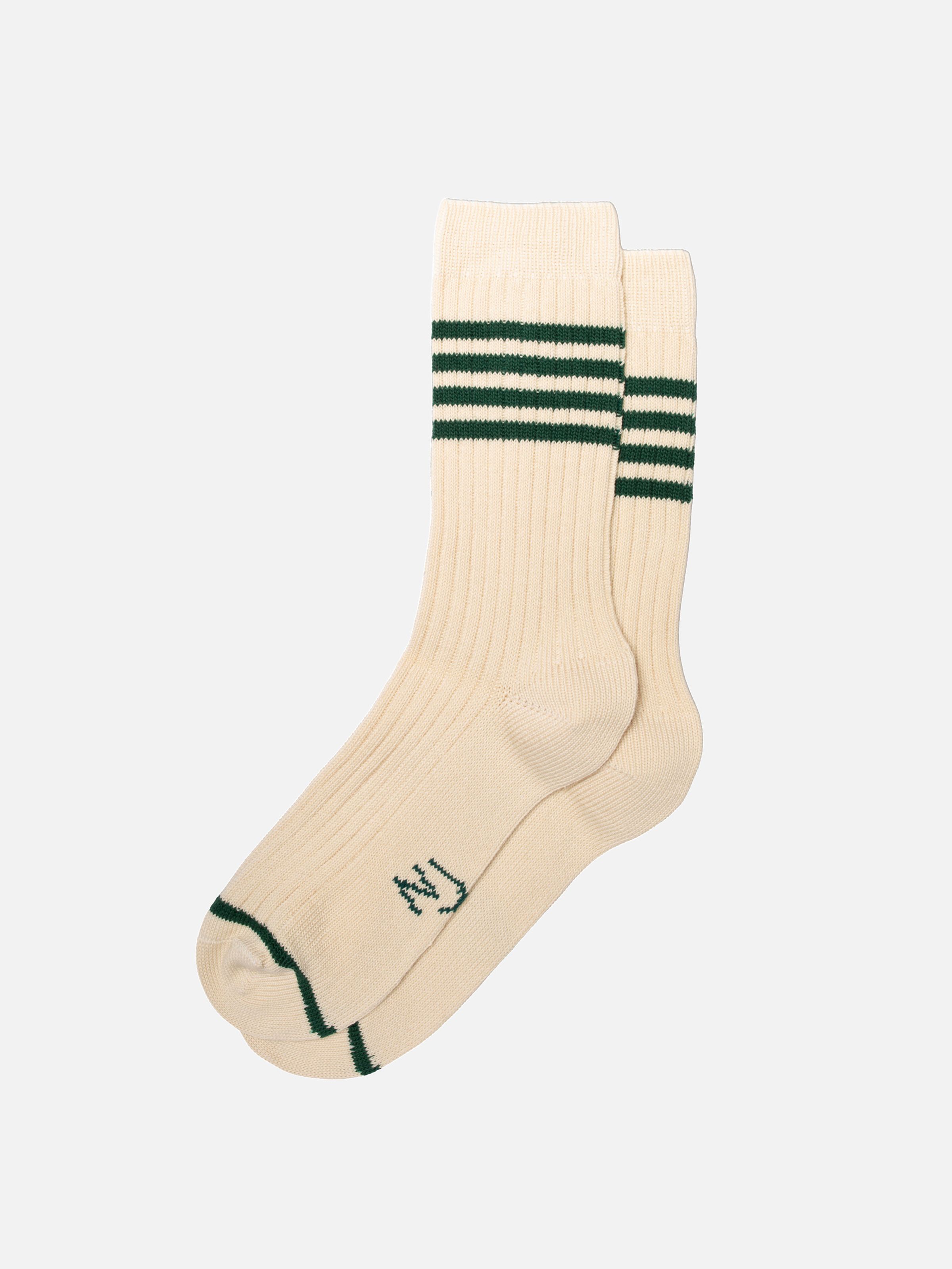 Nudie Jeans Men Tennis Socks Stripe in Offwhite/Green, flat shot showing organic cotton knit and stripes.