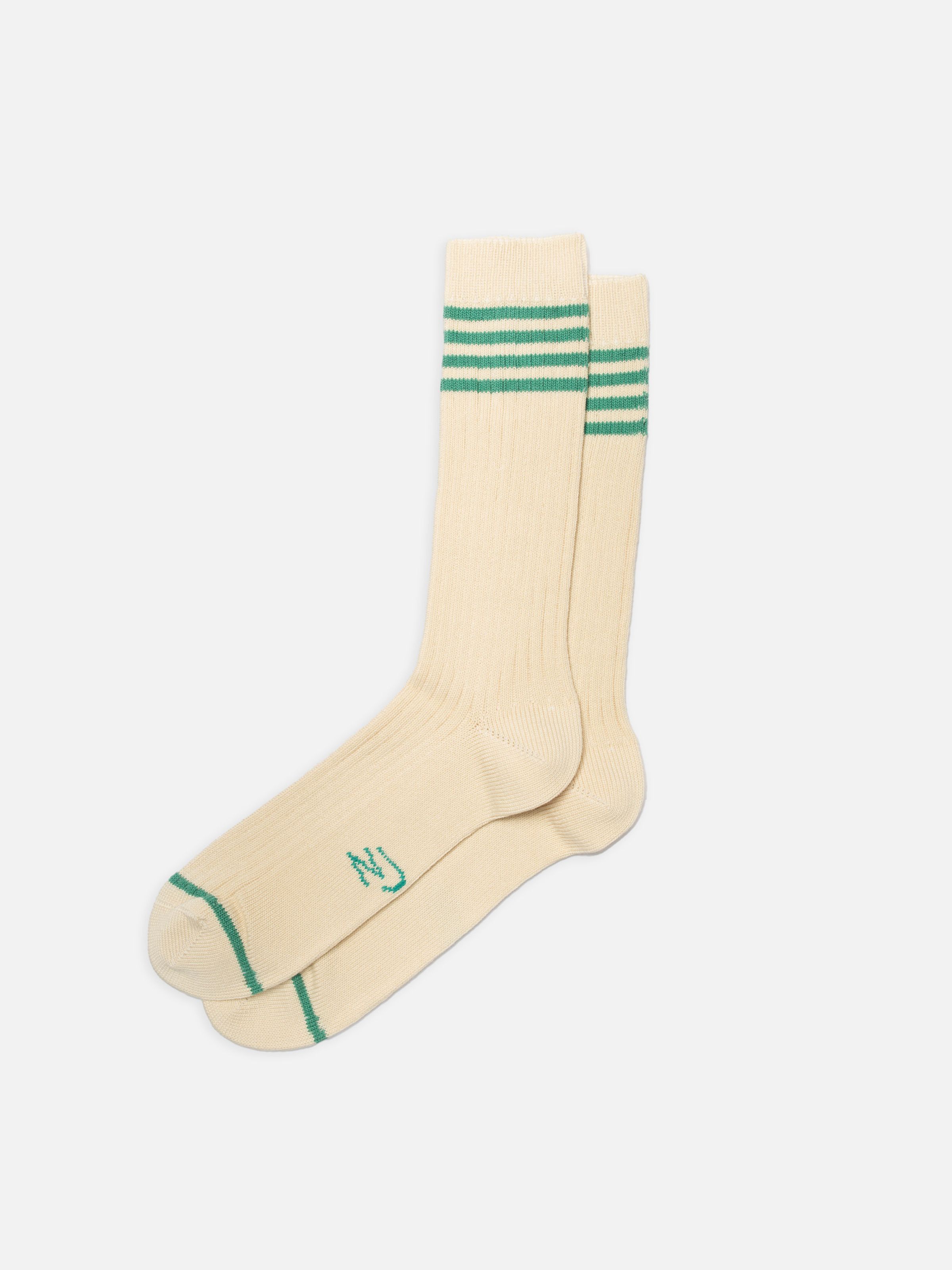 Nudie Jeans Tennis Socks Stripe, a pair of men's socks in off-white with turquoise stripes, shown laid flat.