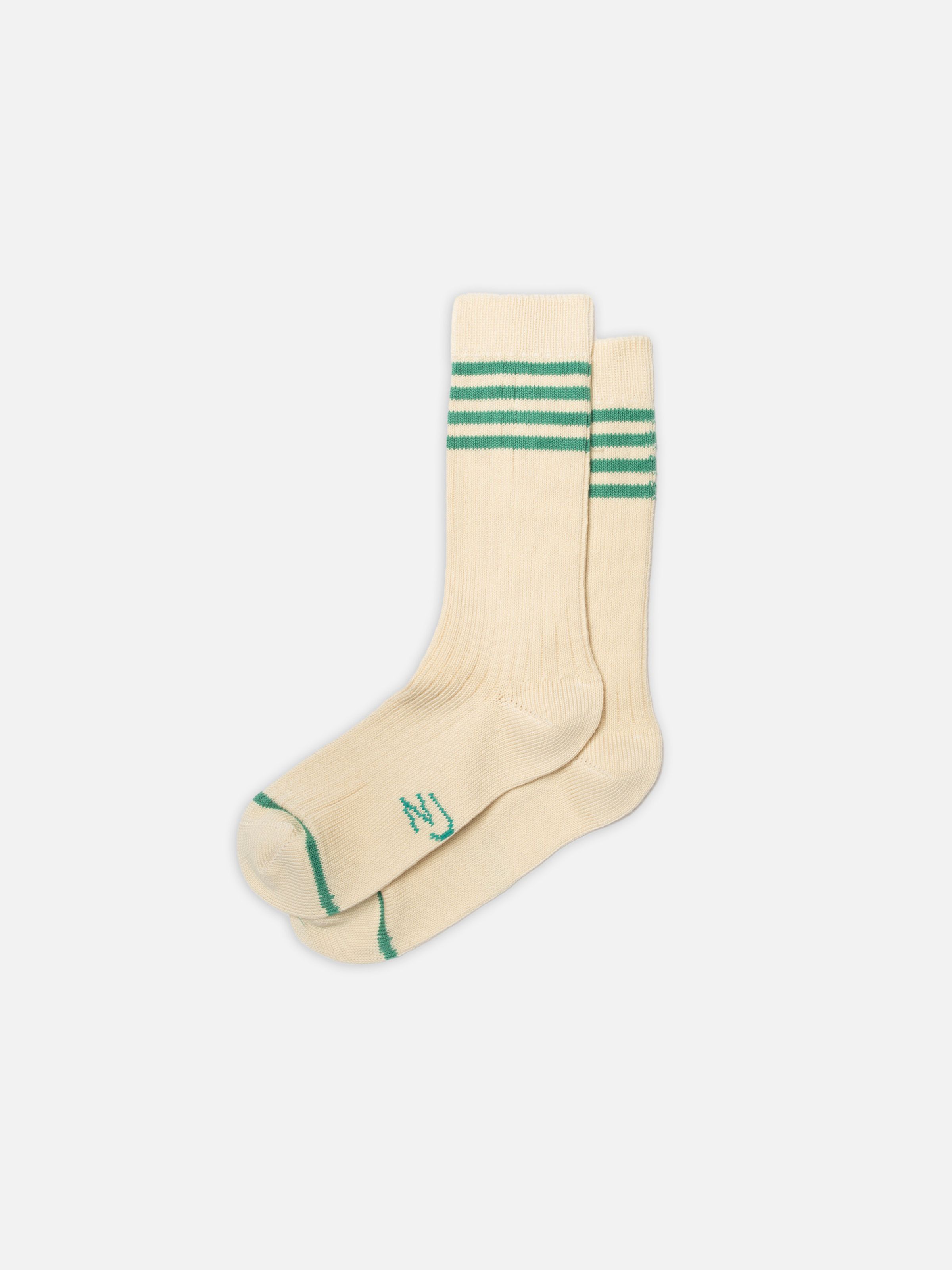 Nudie Jeans Women Tennis Socks, a pair of off-white socks with turquoise stripes, shown laid flat.