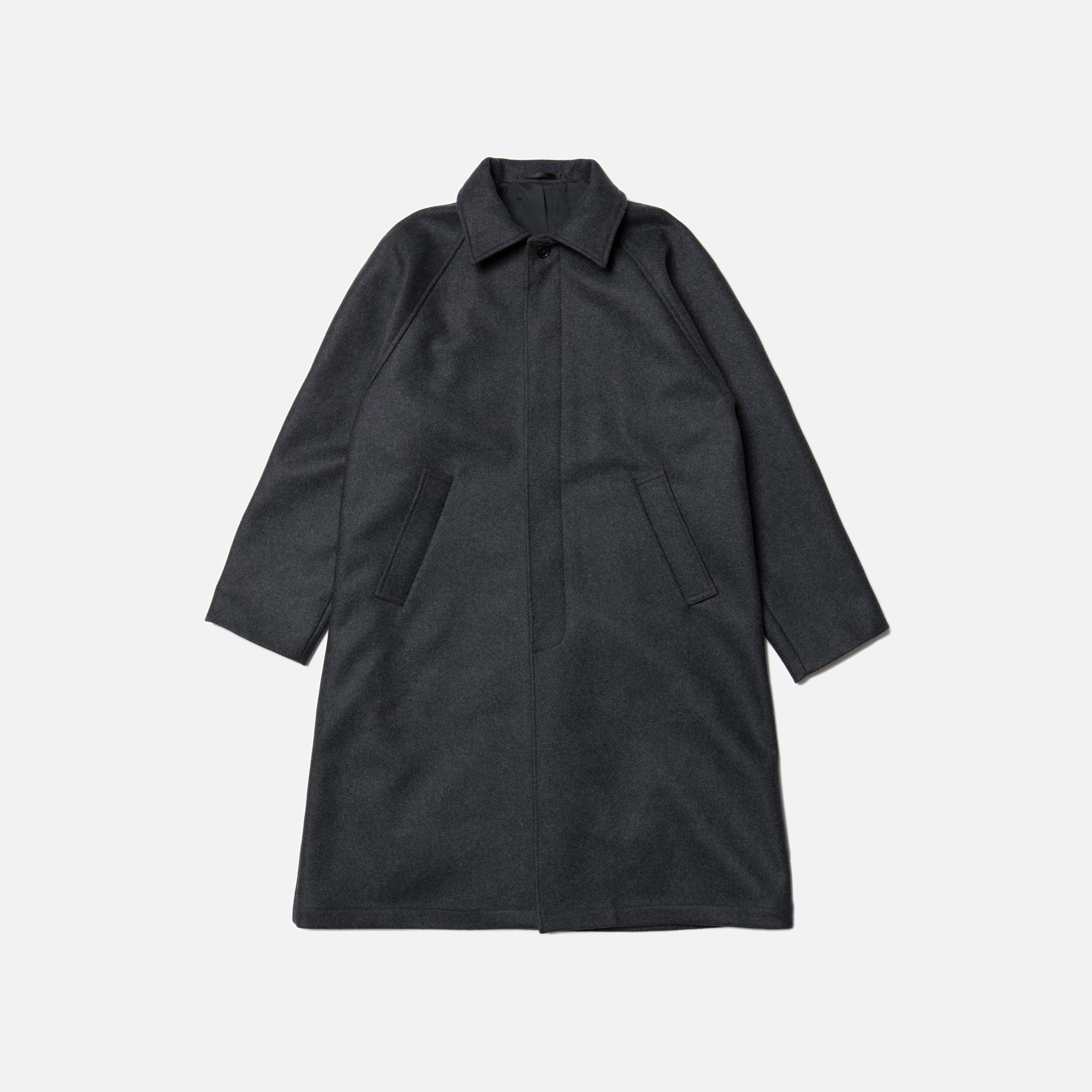 Nudie Jeans Corey Car Coat Antracitemelange, a men's relaxed fit car coat in grey recycled wool blend, shown laid flat.