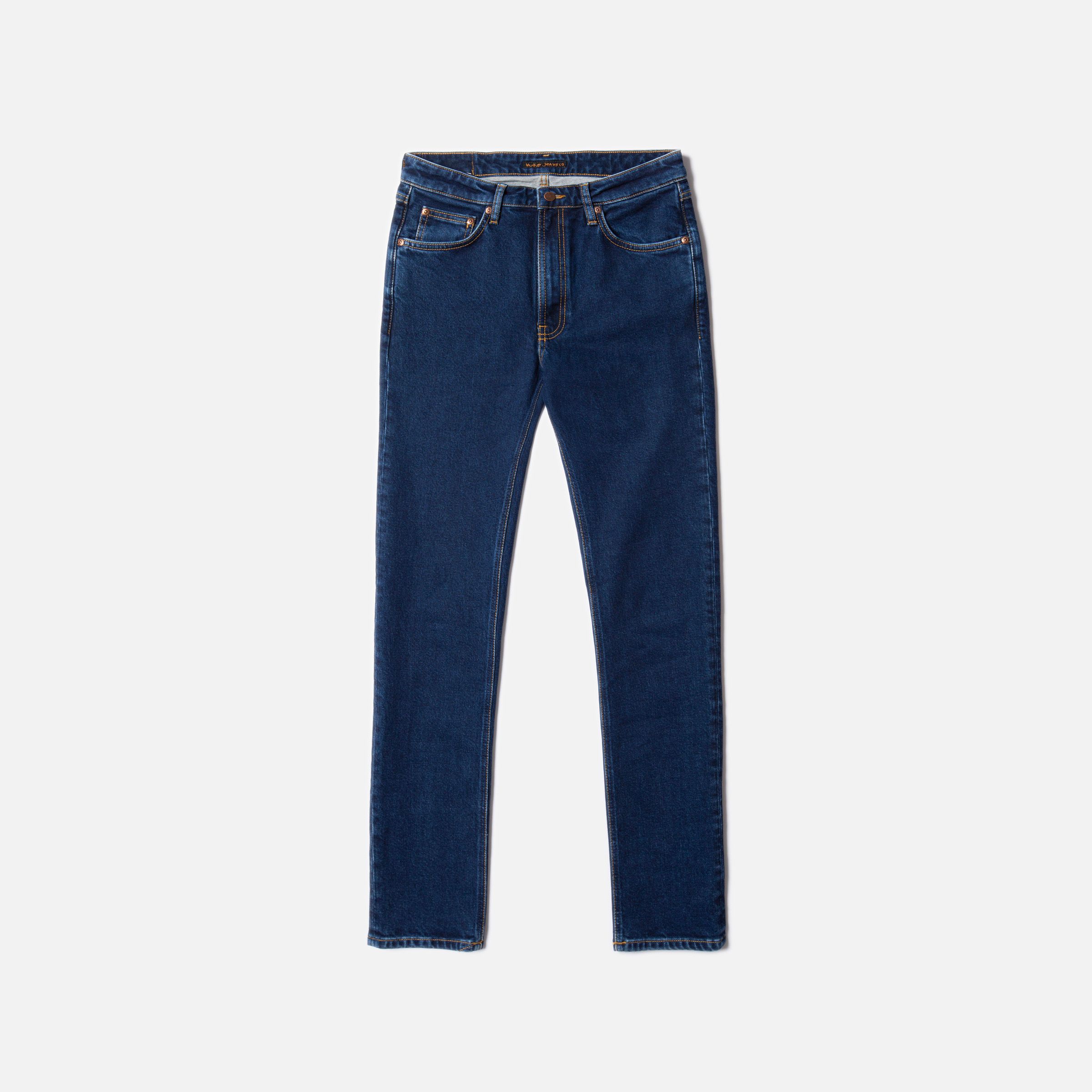 Nudie Jeans Mellow Mae Indigo Rain, a pair of women's slim straight jeans in a dark blue wash, shown laid flat.