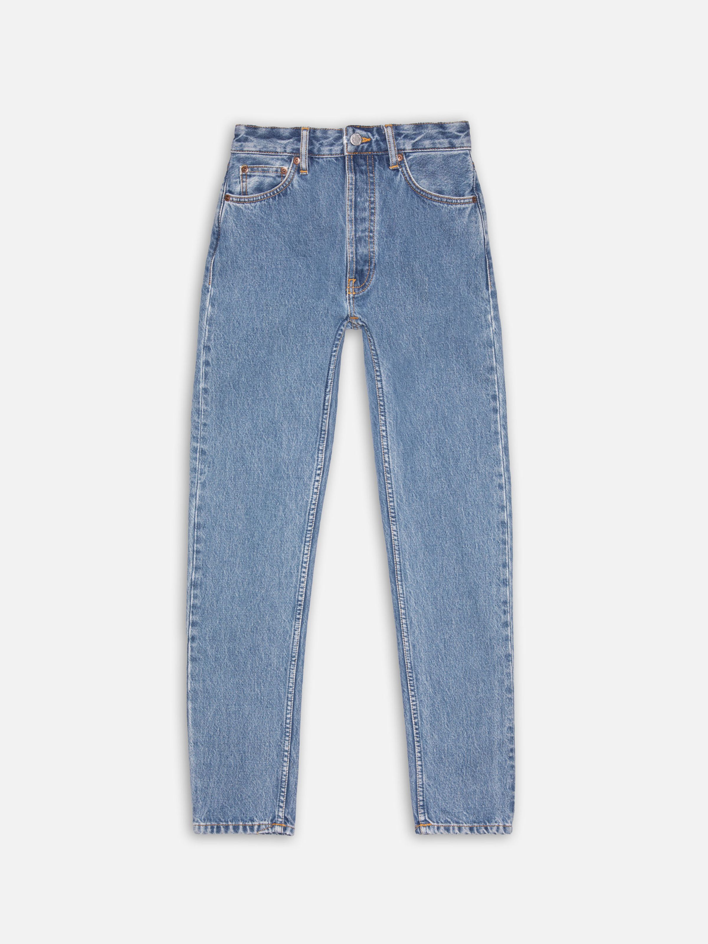 Nudie Jeans Breezy Britt Casual Blue, high-waist tapered jeans in mid-blue rigid denim, front flatshot view.