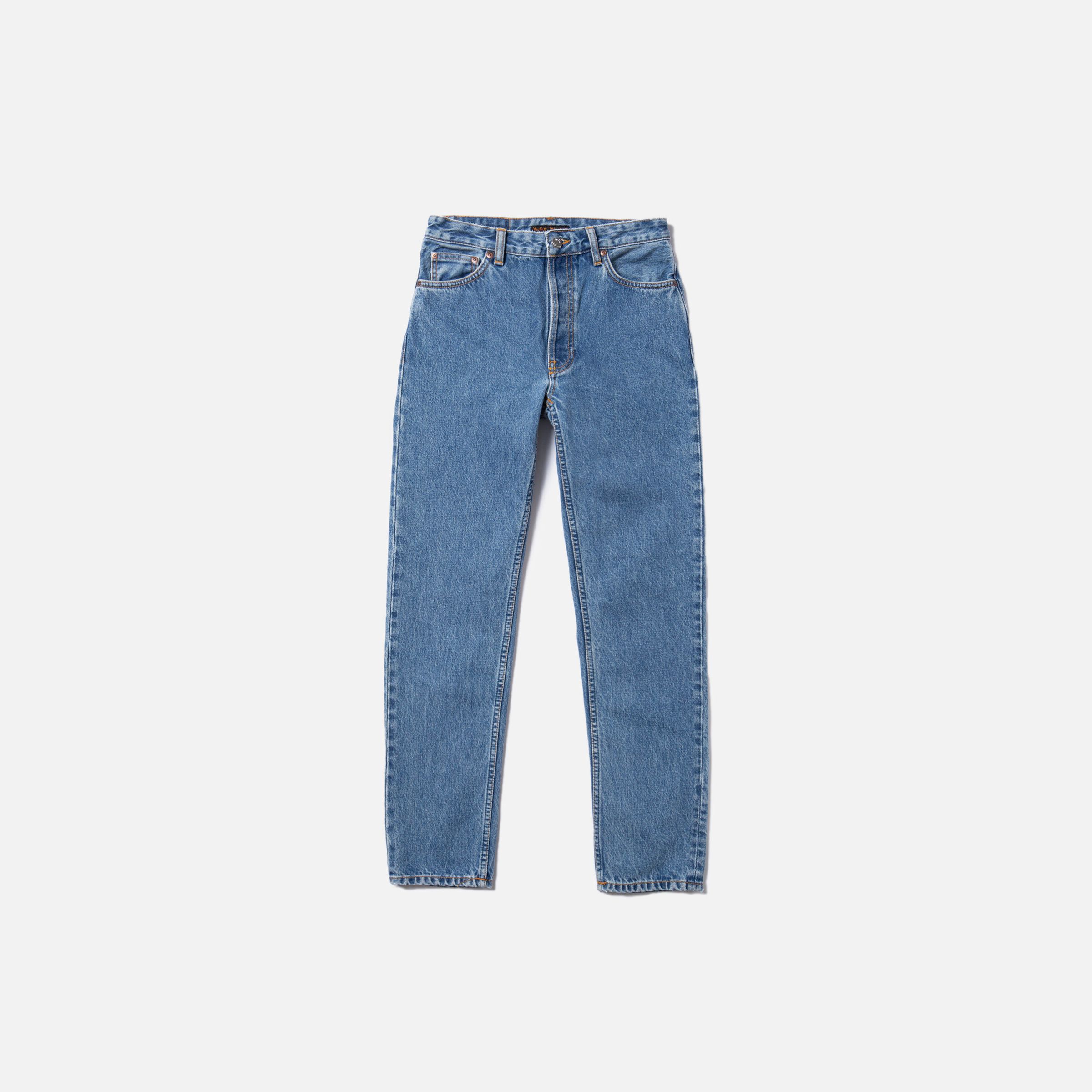 Nudie Jeans Breezy Britt Casual Blue, women's regular tapered fit jeans shown laid flat against a light background.