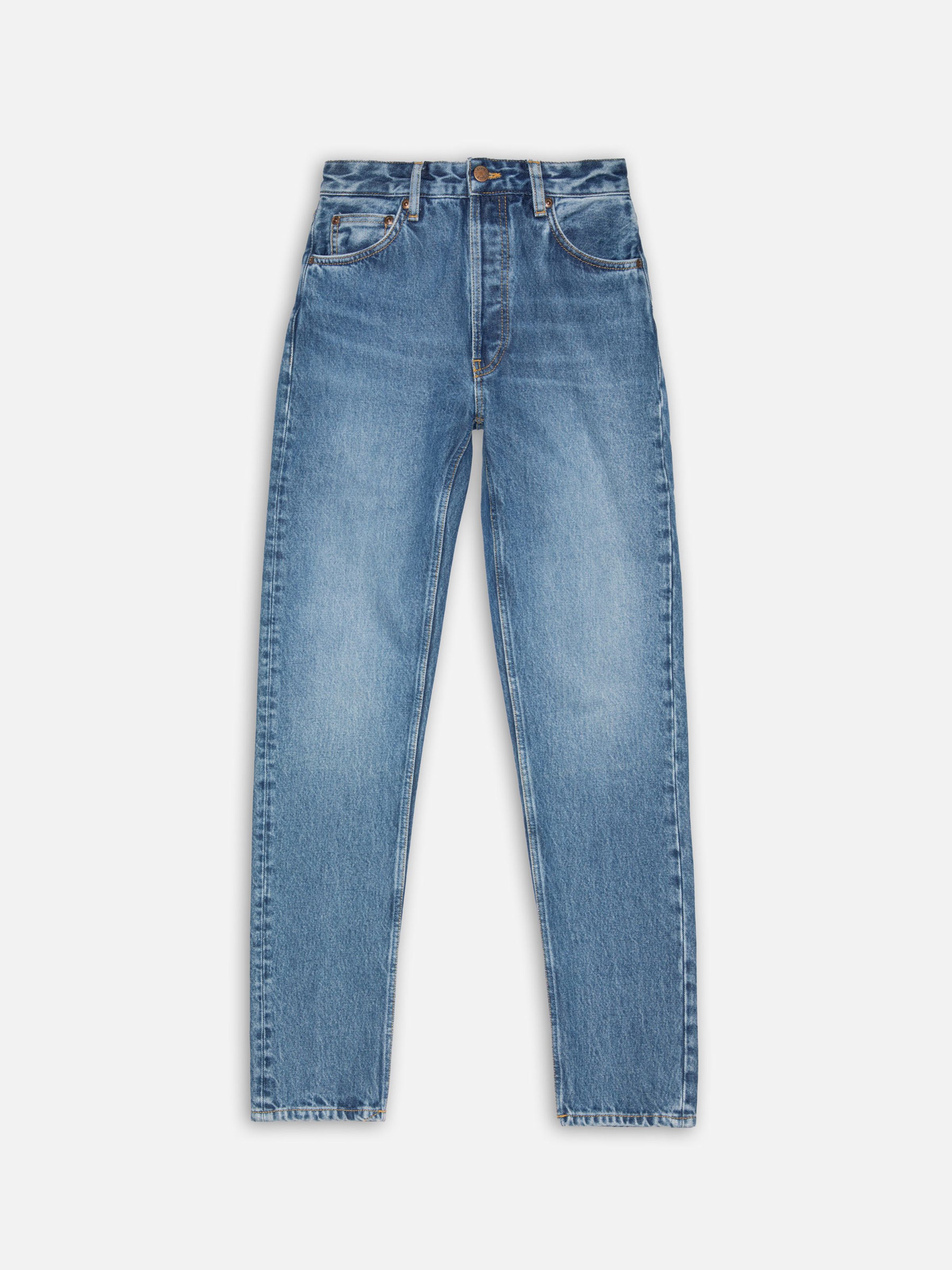 Nudie Jeans Breezy Britt Day Dreamer, women's high-waist tapered jeans in mid-blue rigid denim, front view flat shot.