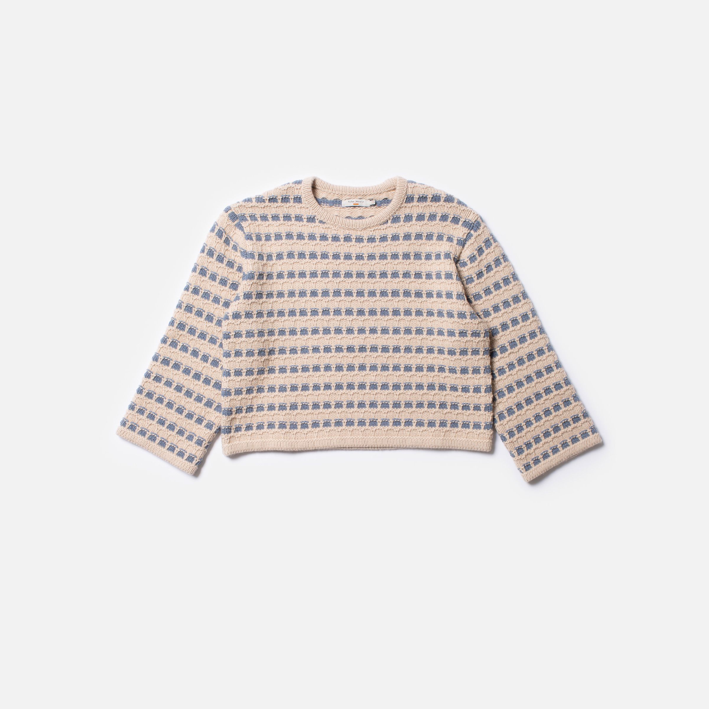 Nudie Jeans Gerd Striped Knit Sweater, a women's regular fit sweater in a blue and beige textured knit, shown laid flat.