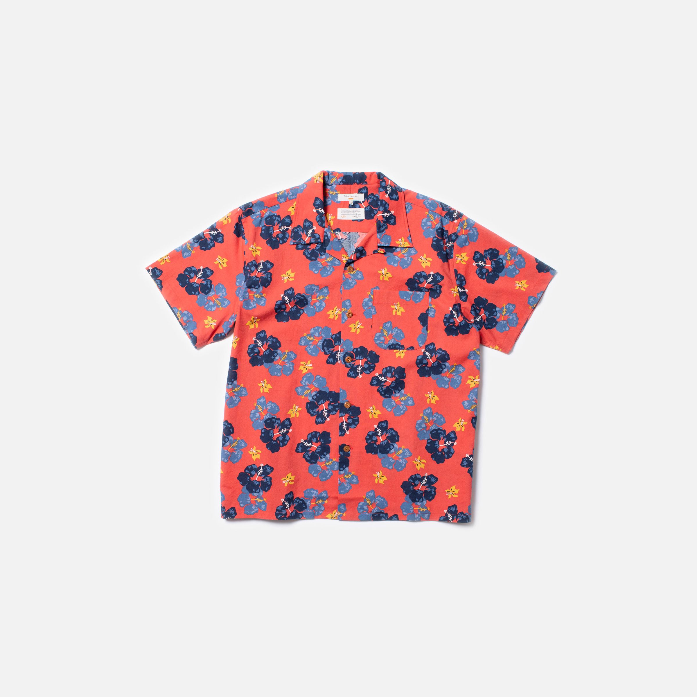 Nudie Jeans Arthur Flower Hawaii Shirt in Red, a men's floral Hawaii shirt shown from the front.
