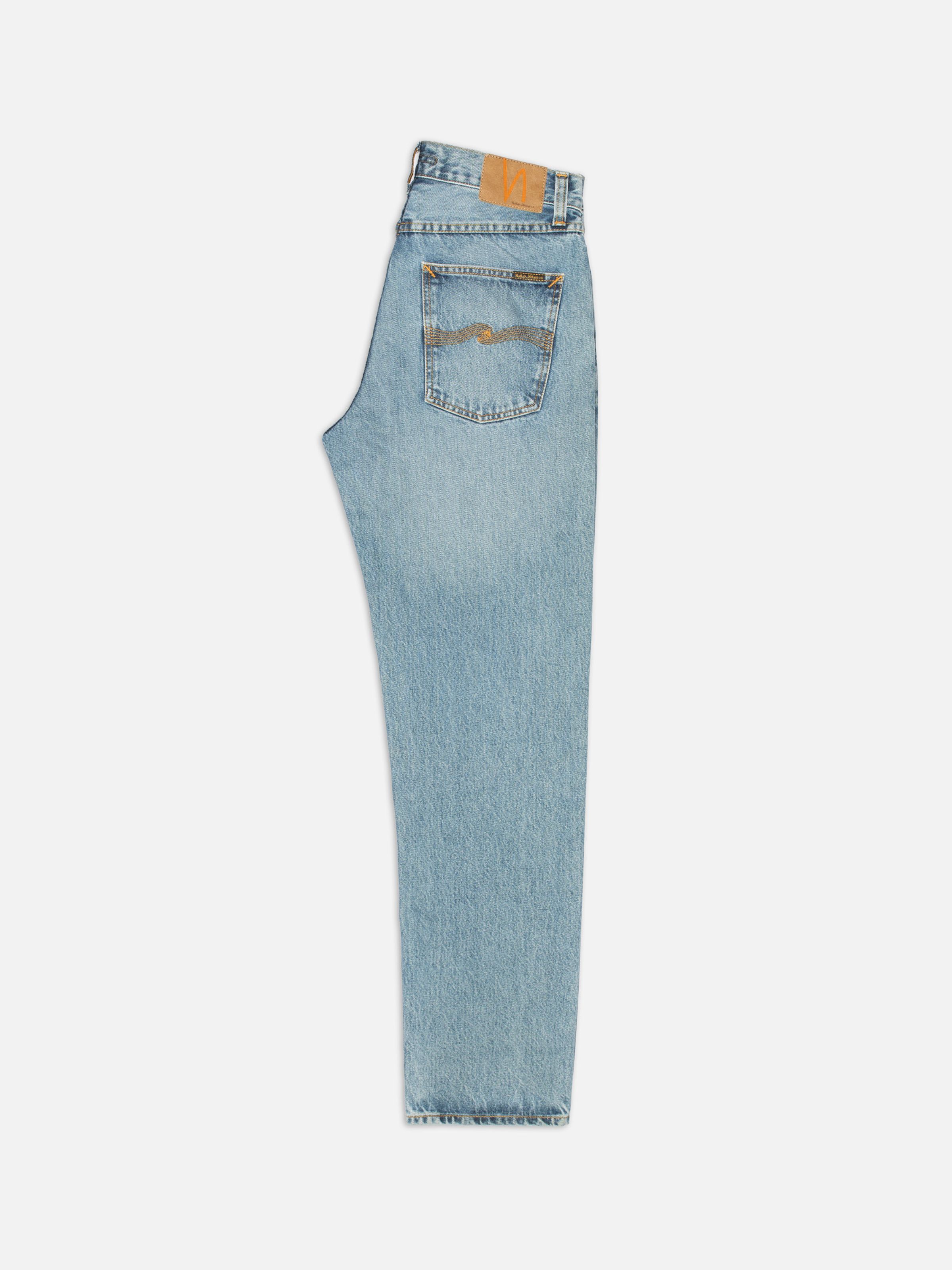 Nudie Jeans Rad Rufus Indigo Blues, men's regular fit straight leg jeans, shown folded displaying the back.