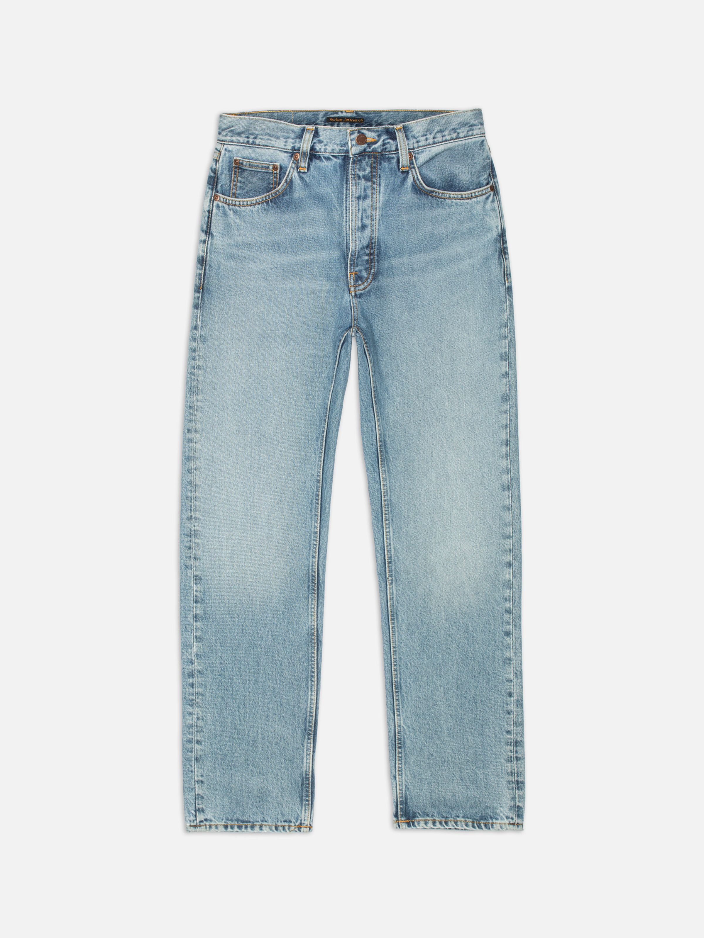 Nudie Jeans Rad Rufus Indigo Blues, men's regular fit straight leg jeans, laid flat to show the full front view.