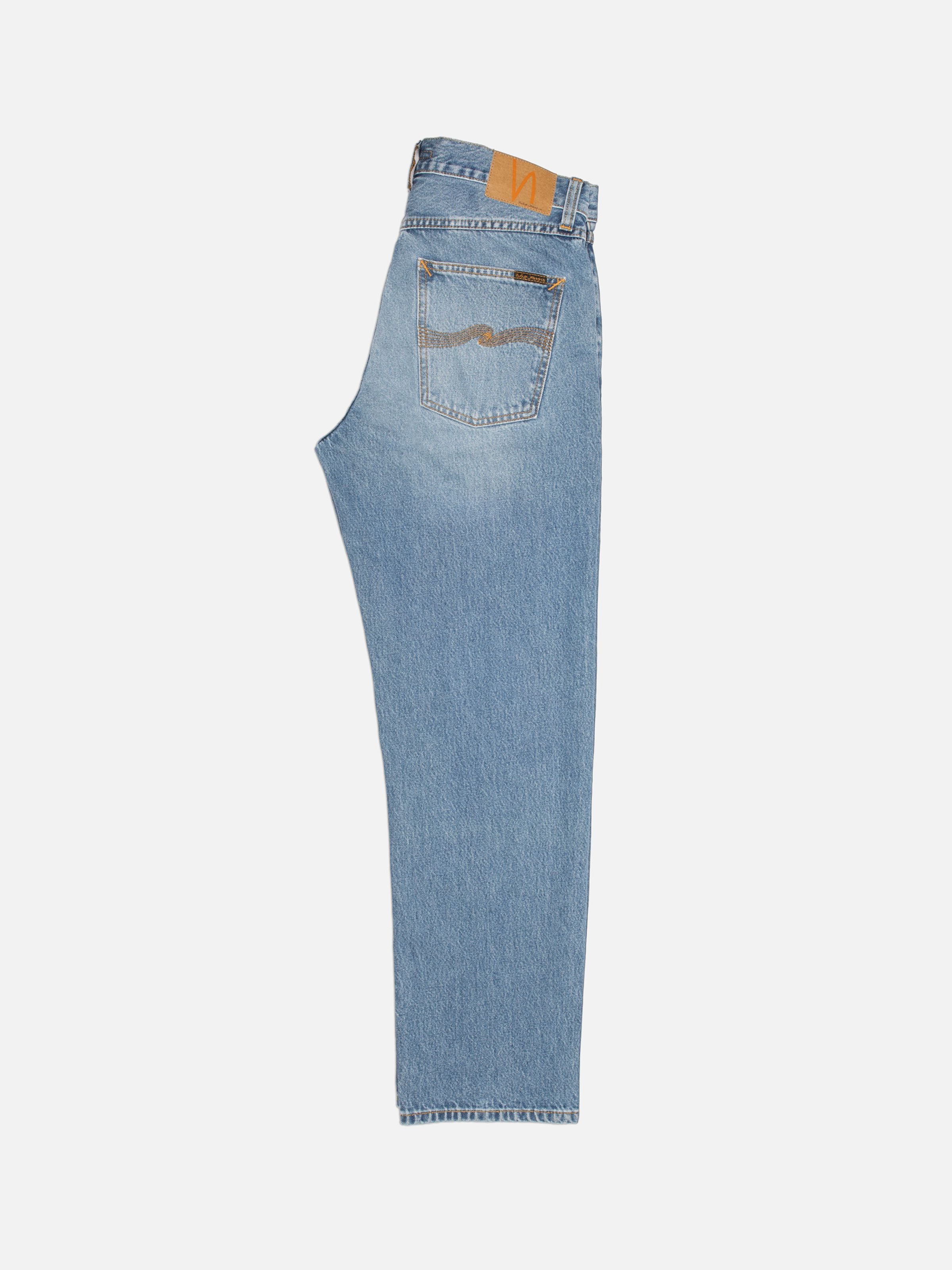 Nudie Jeans Rad Rufus Indigo Blues, men's regular straight jeans, showing a rear view of the mid-blue wash and back pocket.