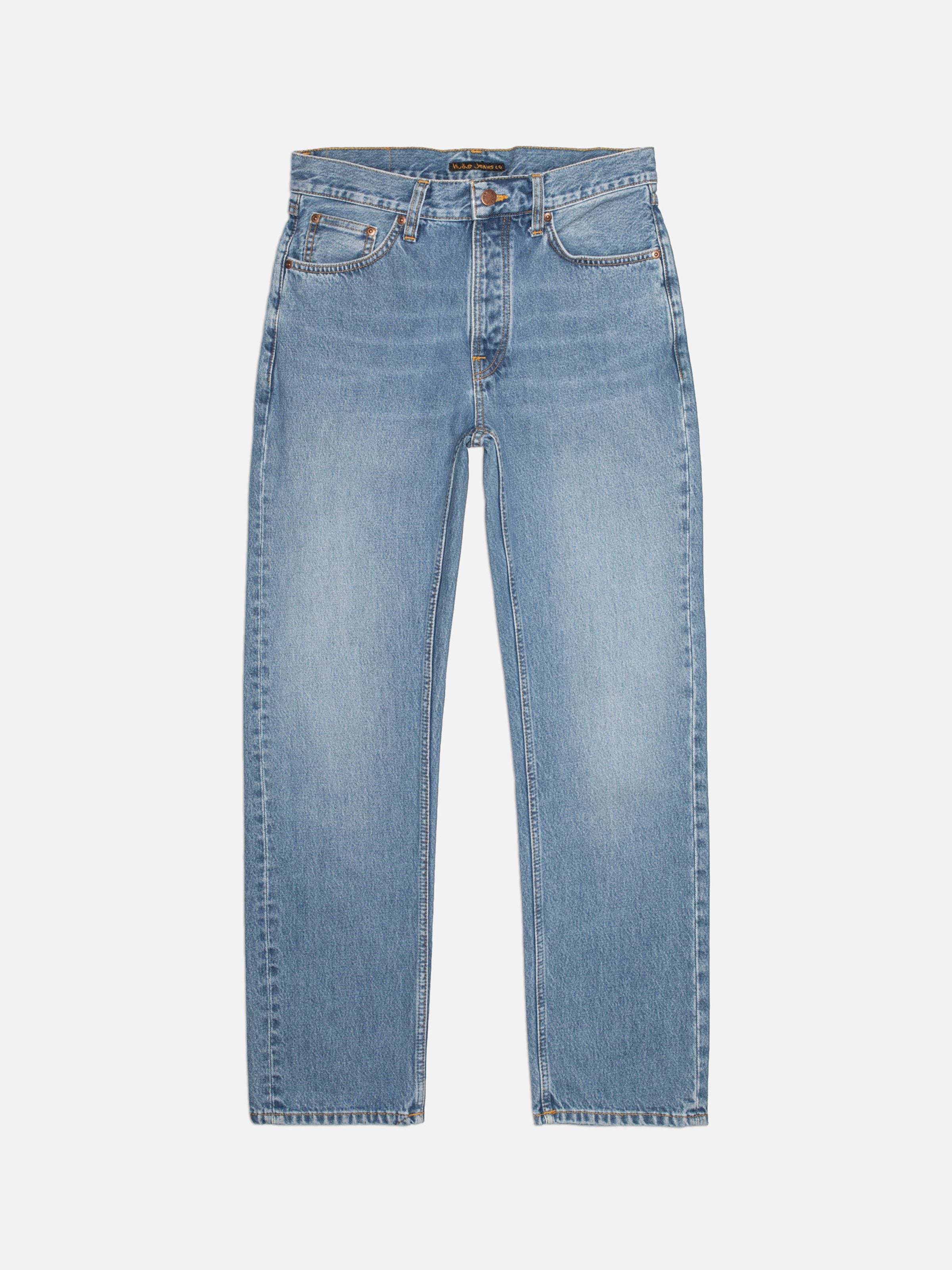 Nudie Jeans Rad Rufus Indigo Blues, men's regular straight jeans in a mid-blue wash, shown in a full flat shot.