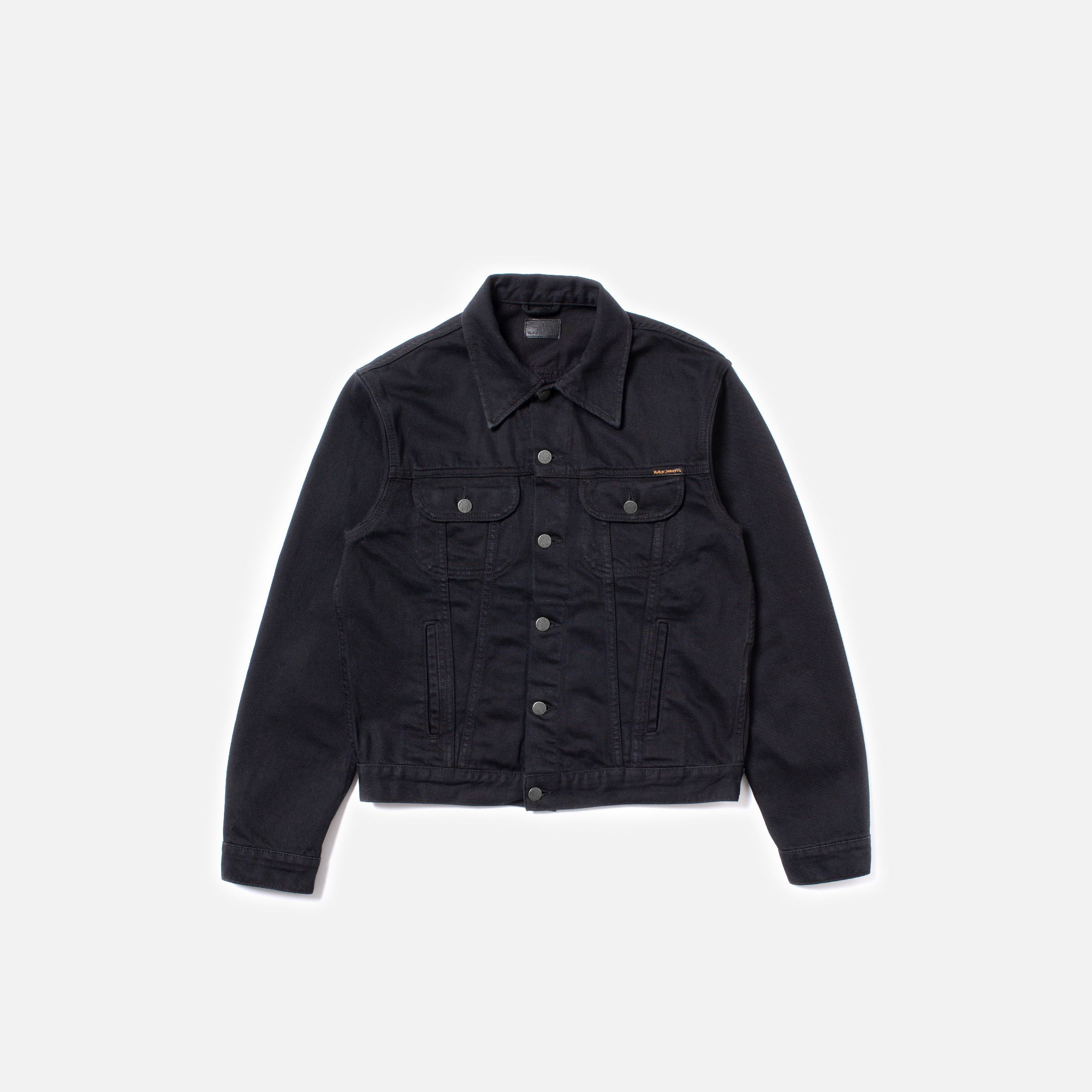 Nudie Jeans Danny Rinsed Denim Jacket Black, a men's regular fit jacket shown laid flat against a white background.