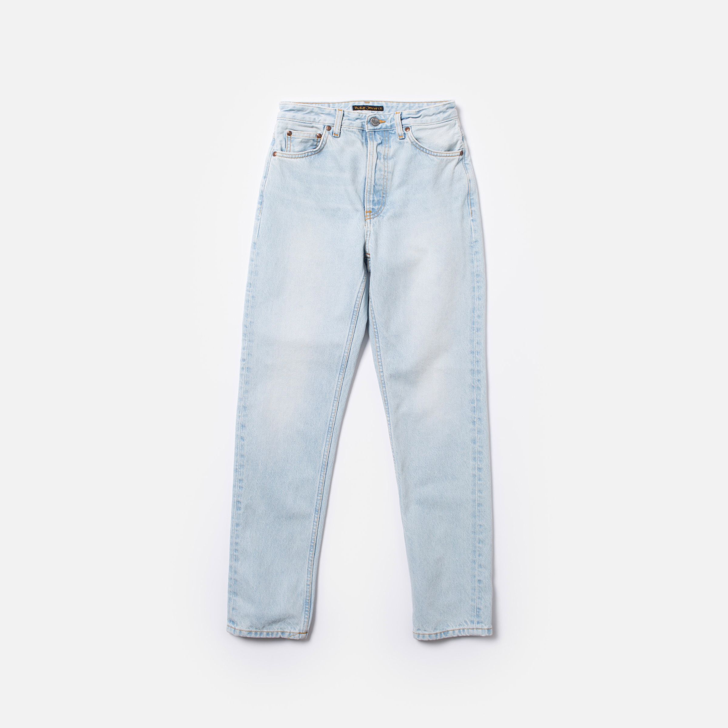 Nudie Jeans Breezy Britt Sunday Moon, a pair of women's regular tapered fit jeans in a light blue wash, shown laid flat.