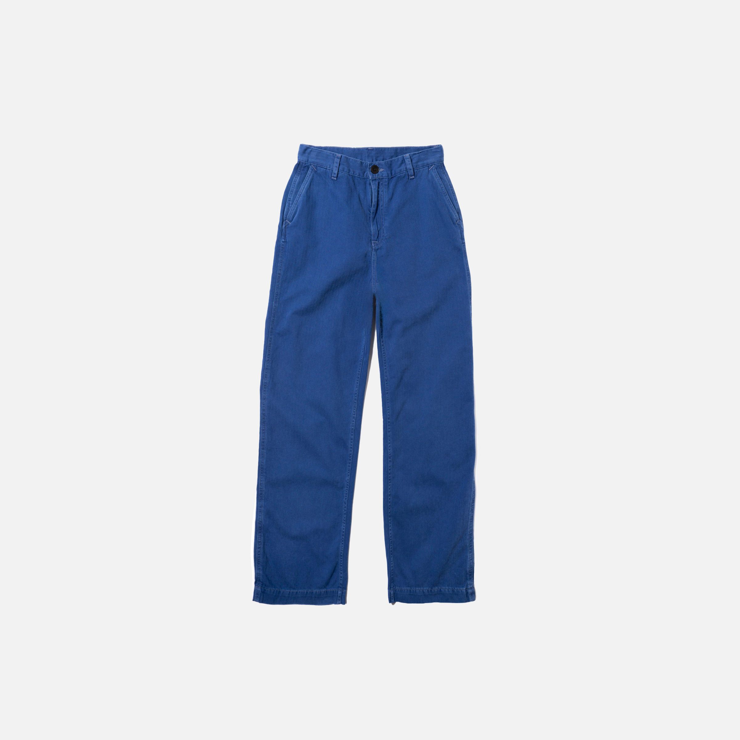 Nudie Jeans Wendy Herringbone Pants in Blue, women's regular fit wide-leg pants shown laid flat.