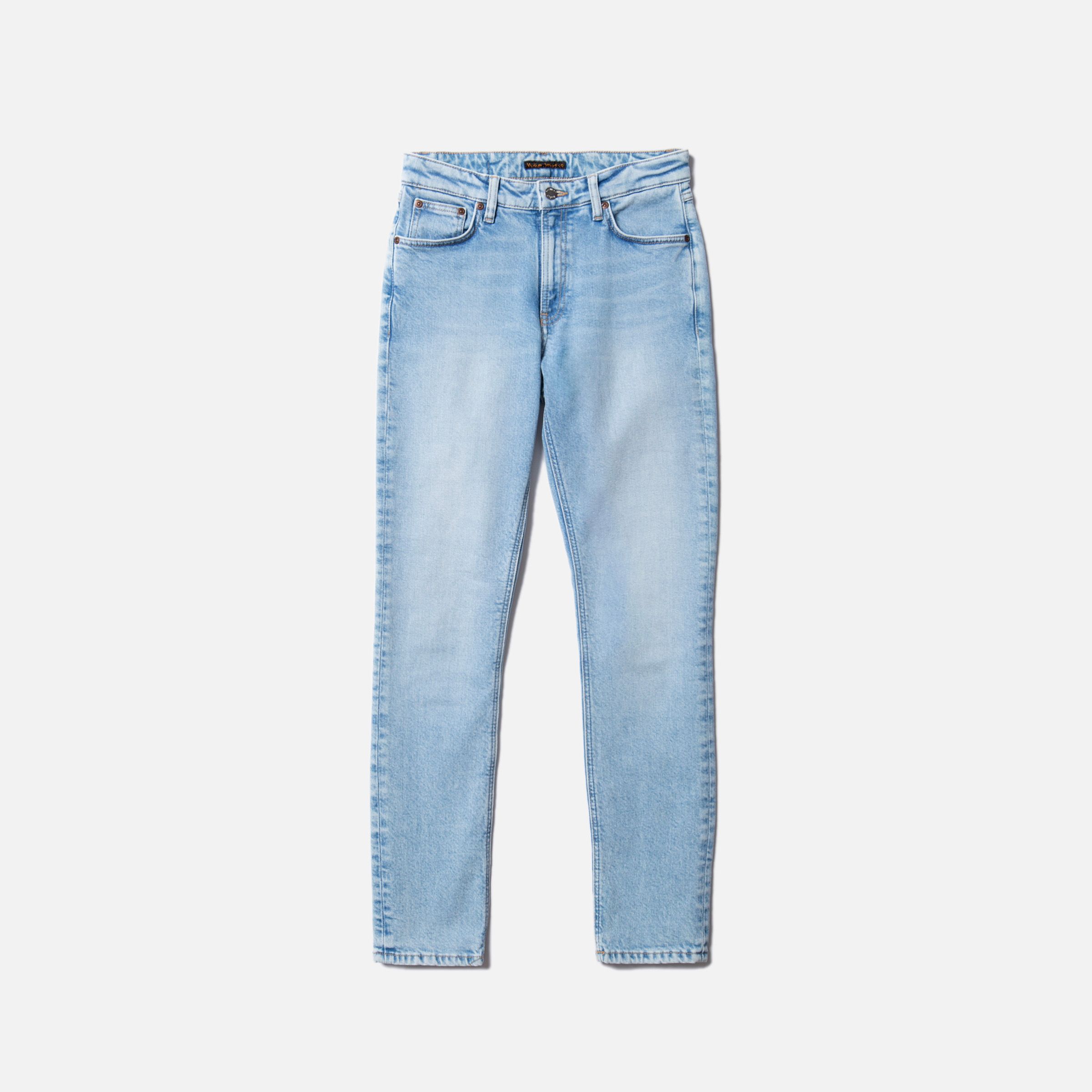 Nudie Jeans Mellow Mae Summer Breeze, women's slim fit straight leg jeans laid flat and viewed from the front.