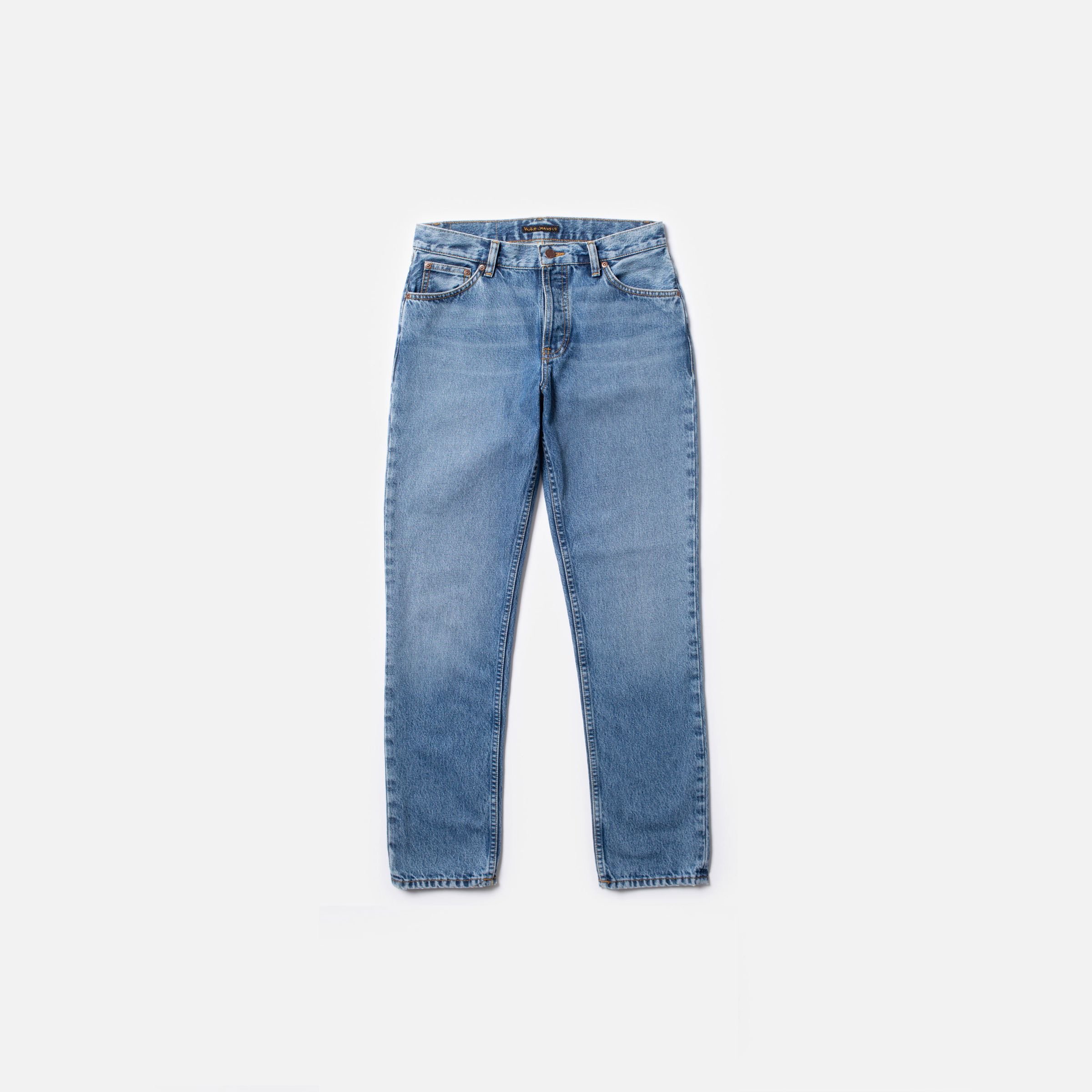 Nudie Jeans Shady Sadie Indigo Blues, a pair of women's regular fit straight leg jeans in a mid-blue wash, shown laid flat.