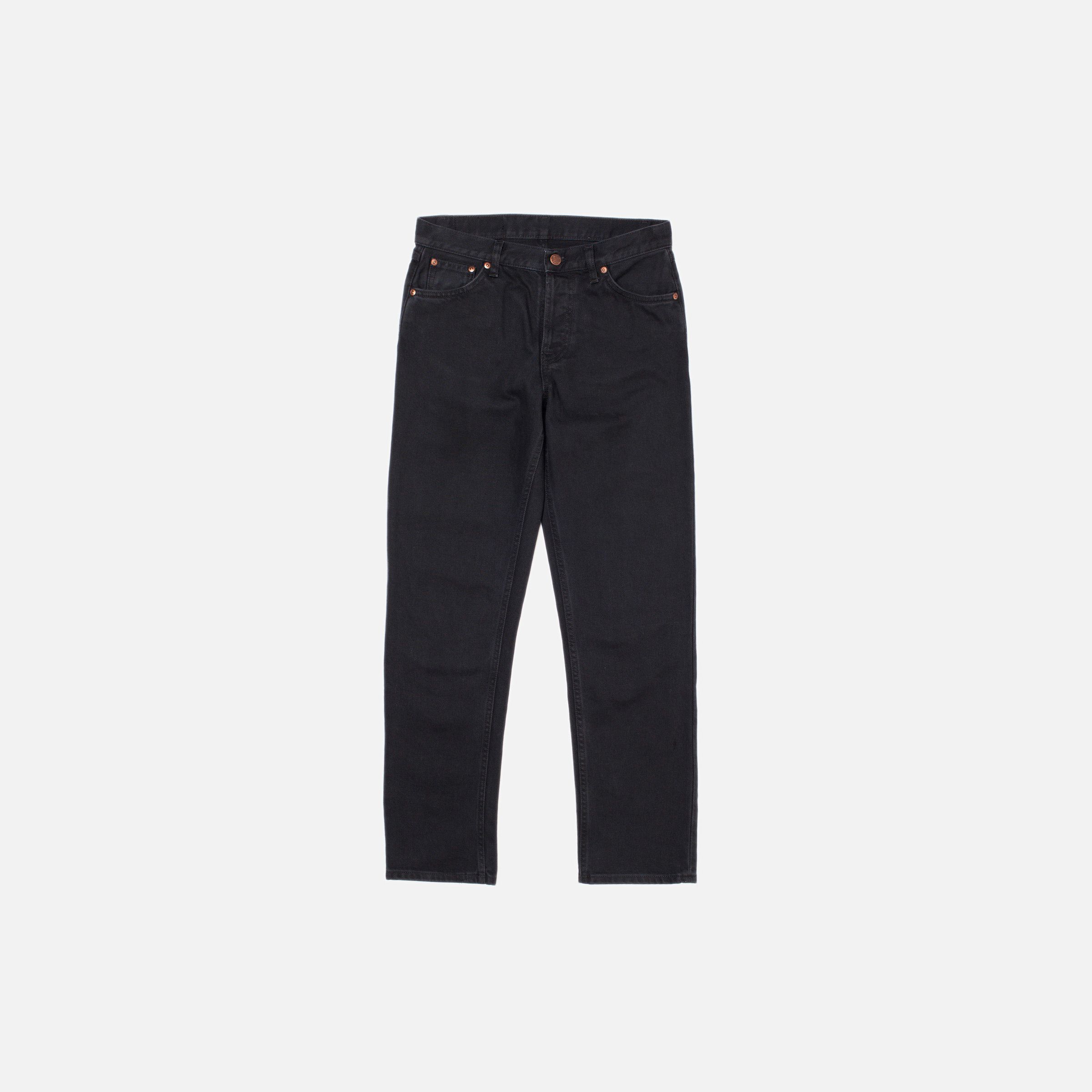 Nudie Jeans Shady Sadie Aged Black, a pair of women's regular fit straight leg jeans in aged black denim, shown laid flat.
