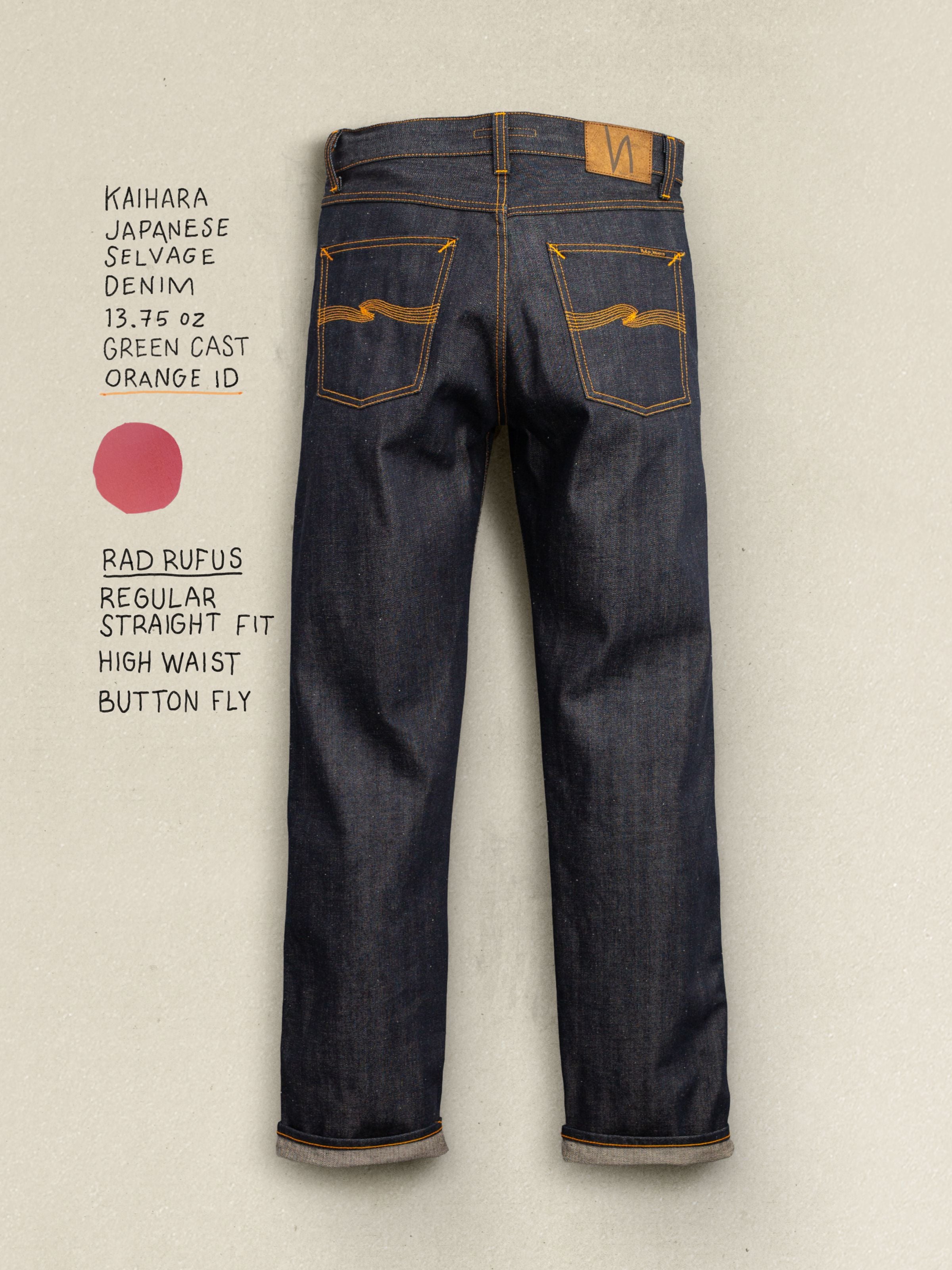 Nudie Jeans Rad Rufus Dry Selvage, men's regular straight fit jeans, back view showing dry selvage denim.