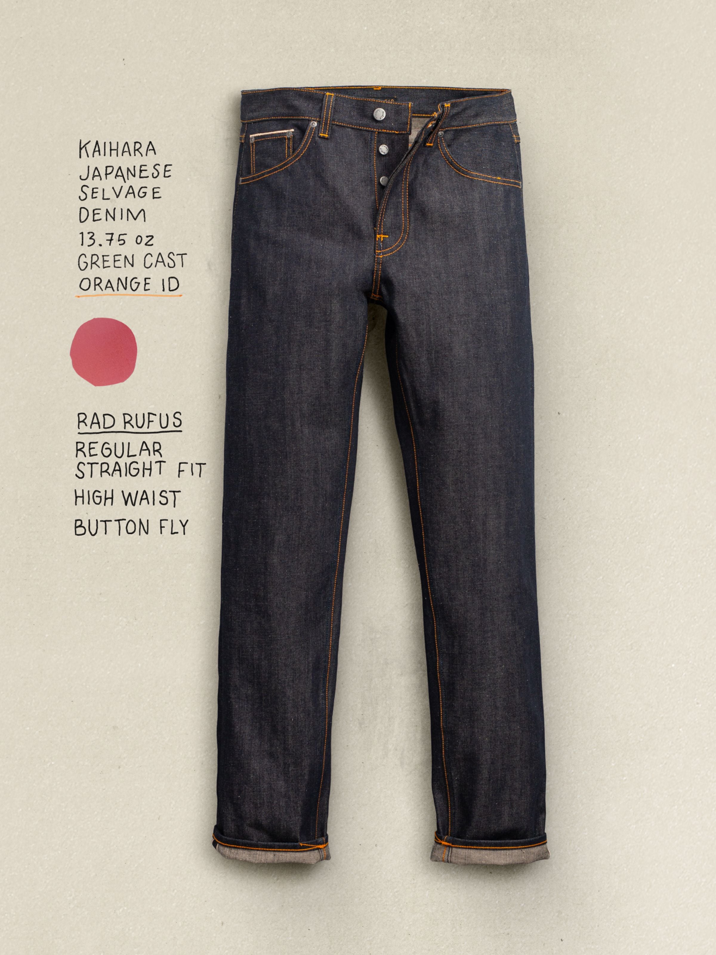 Rad Rufus Dry Selvage, Herrenjeans im Flat Shot mit Notizen.