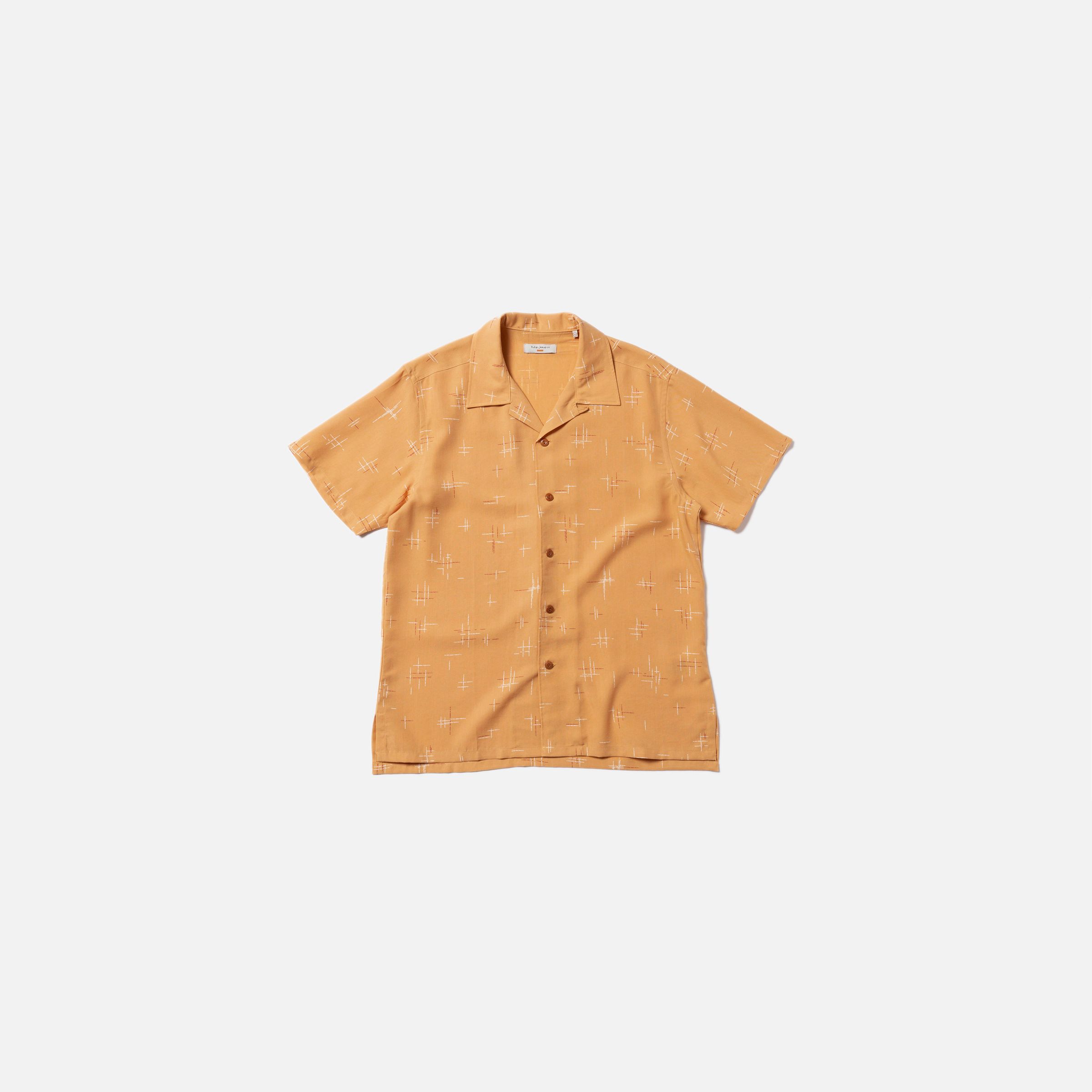 Nudie Jeans Arvid 50s Hawaii Shirt in Ochre, men's short-sleeved camp collar shirt shown as a flat lay.