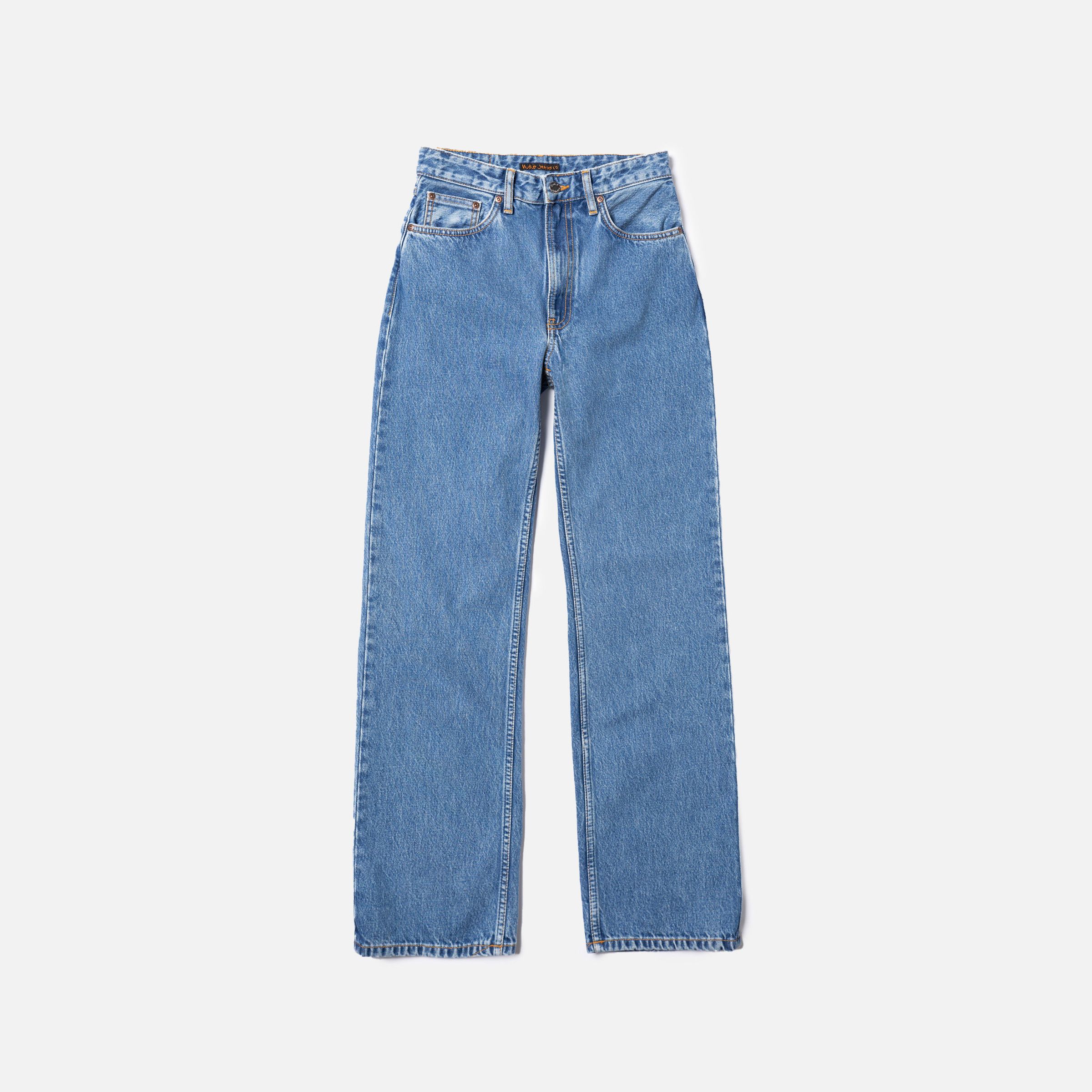 Nudie Jeans Clean Eileen in Casual Blue, women's loose fit, high-waist, wide-leg jeans shown laid flat.