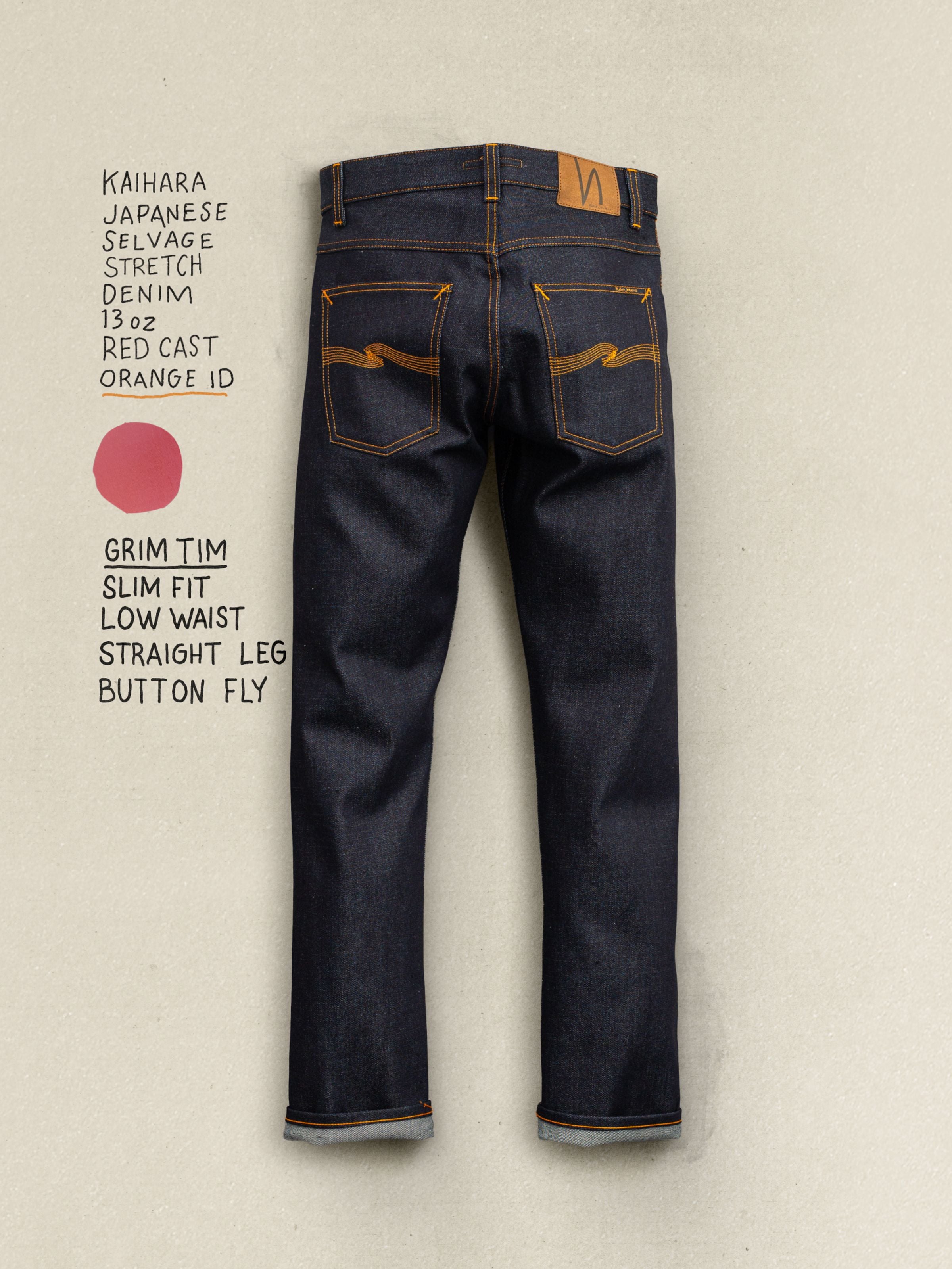 Nudie Jeans Grim Tim Dry Japan Selvage, slim fit jeans shown from the back against a background with product notes.