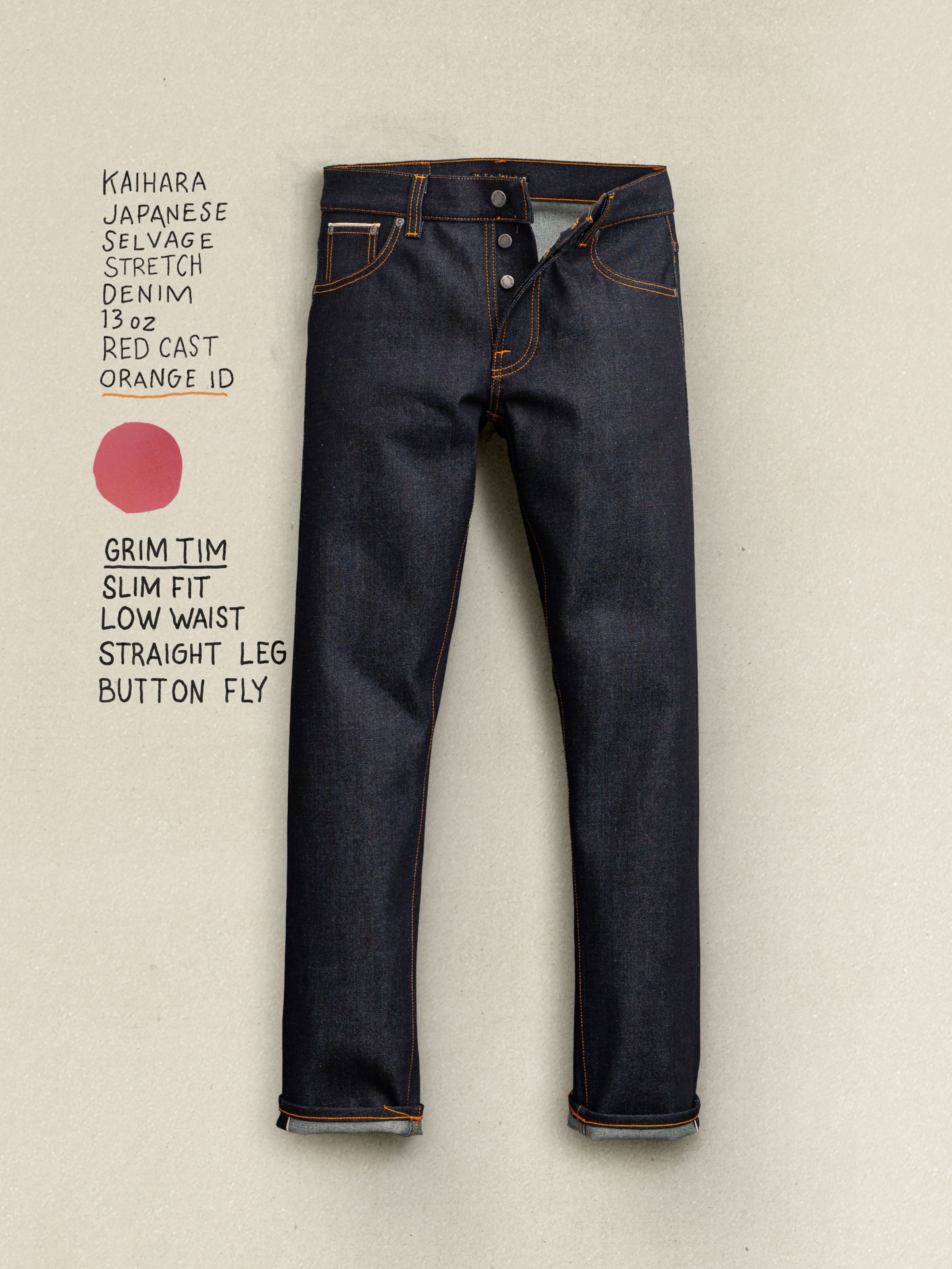 Nudie Jeans Grim Tim Dry Japan Selvage, slim fit jeans shown in a flat shot with handwritten product notes.