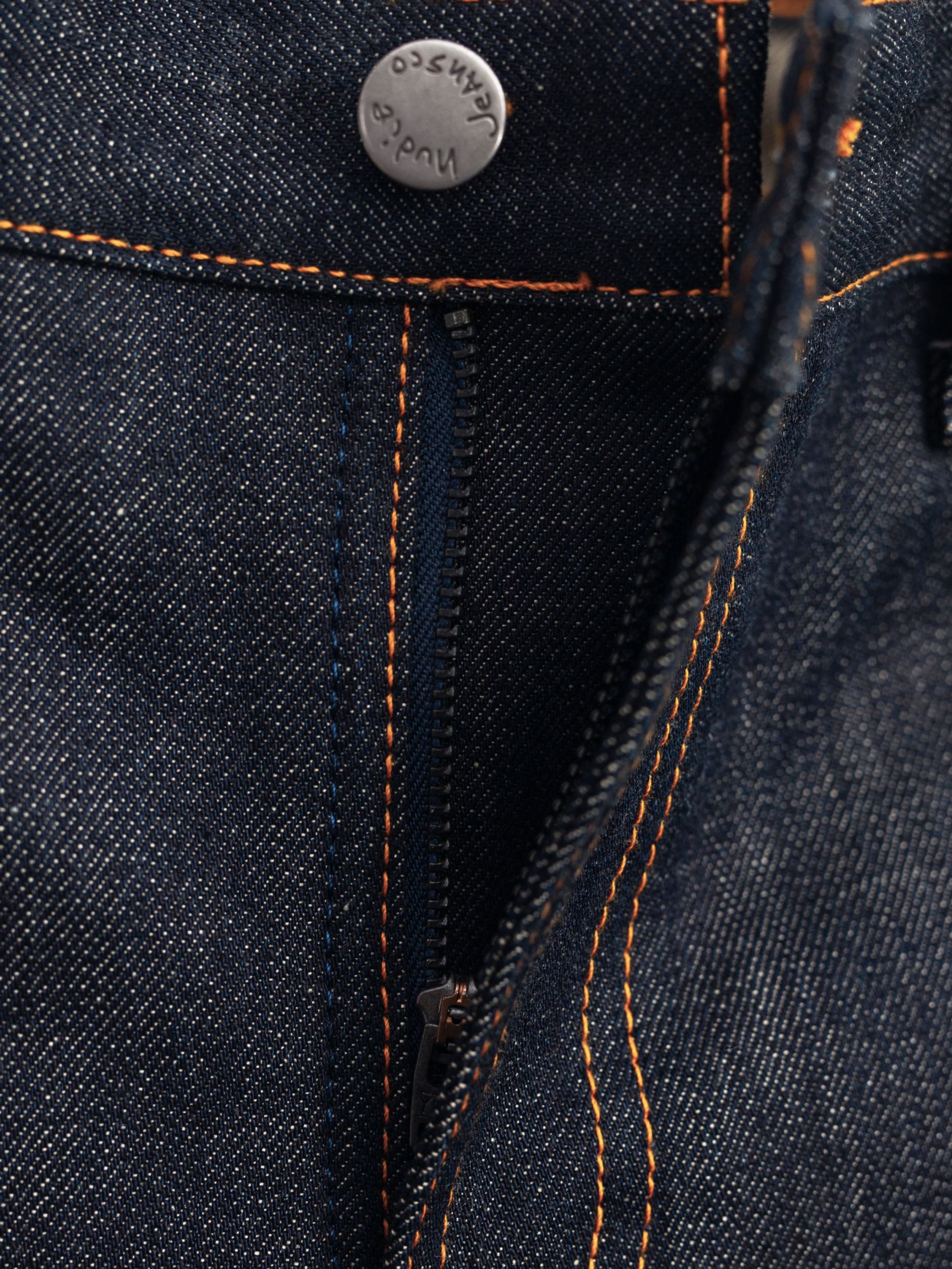 Nudie Jeans Lean Dean Dry Apex Selvage, Nahaufnahme des Reißverschlusses und Bio-Baumwoll-Denims.