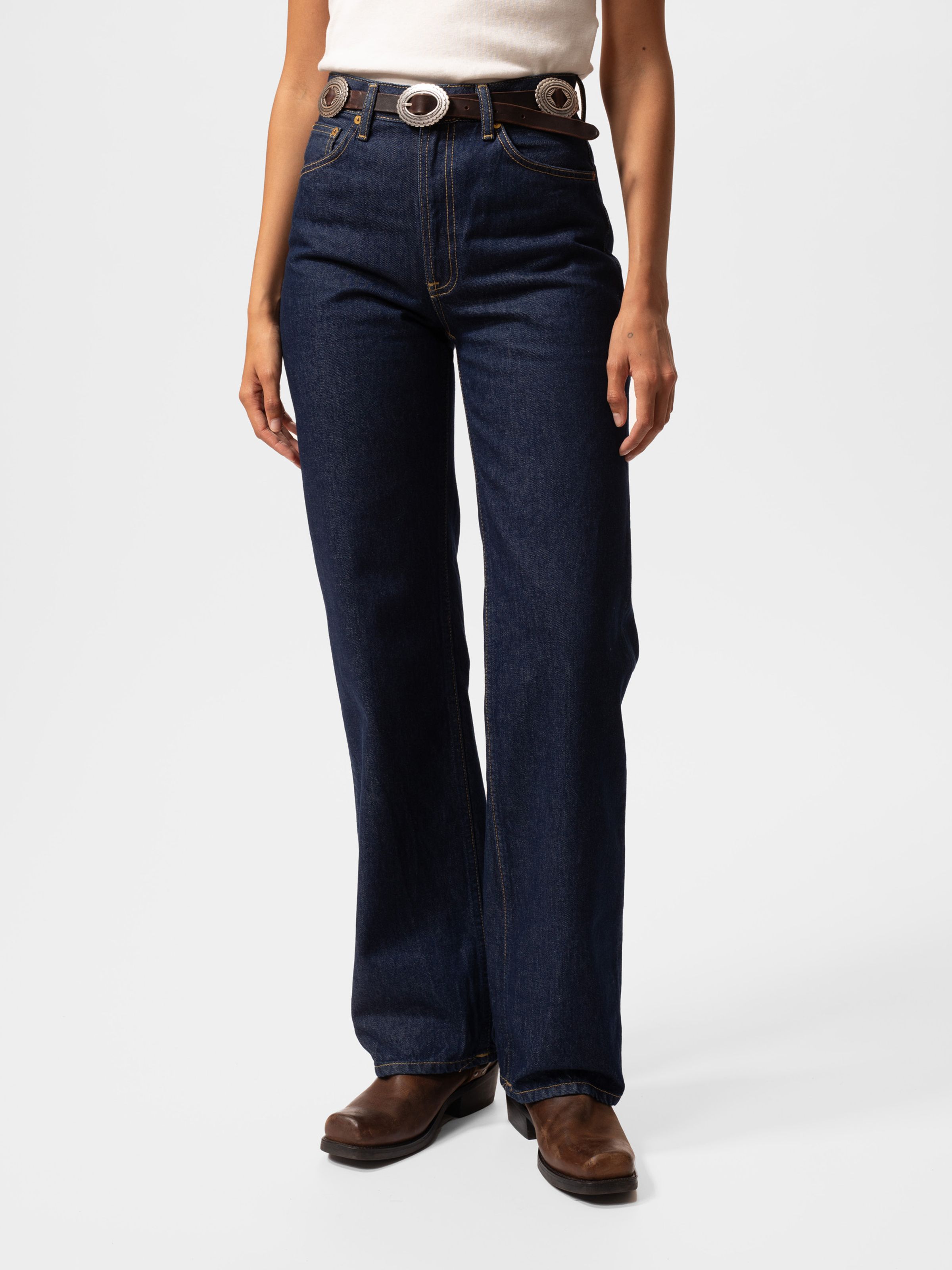 Nudie Jeans Clean Eileen Classic Blue, women's high-waist wide-leg jeans in rigid denim shown from the waist down.