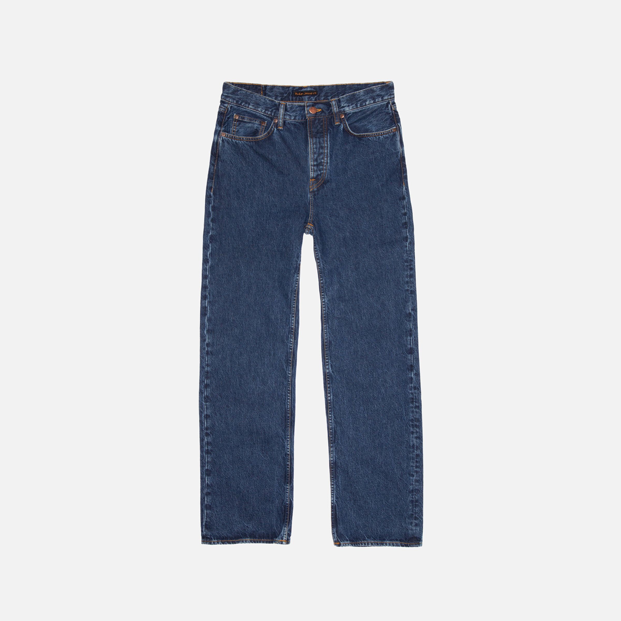 Nudie Jeans Tuff Tony in Evening Jazz, Herren-Jeans in lockerer Passform mit weitem Bein, flach liegend.