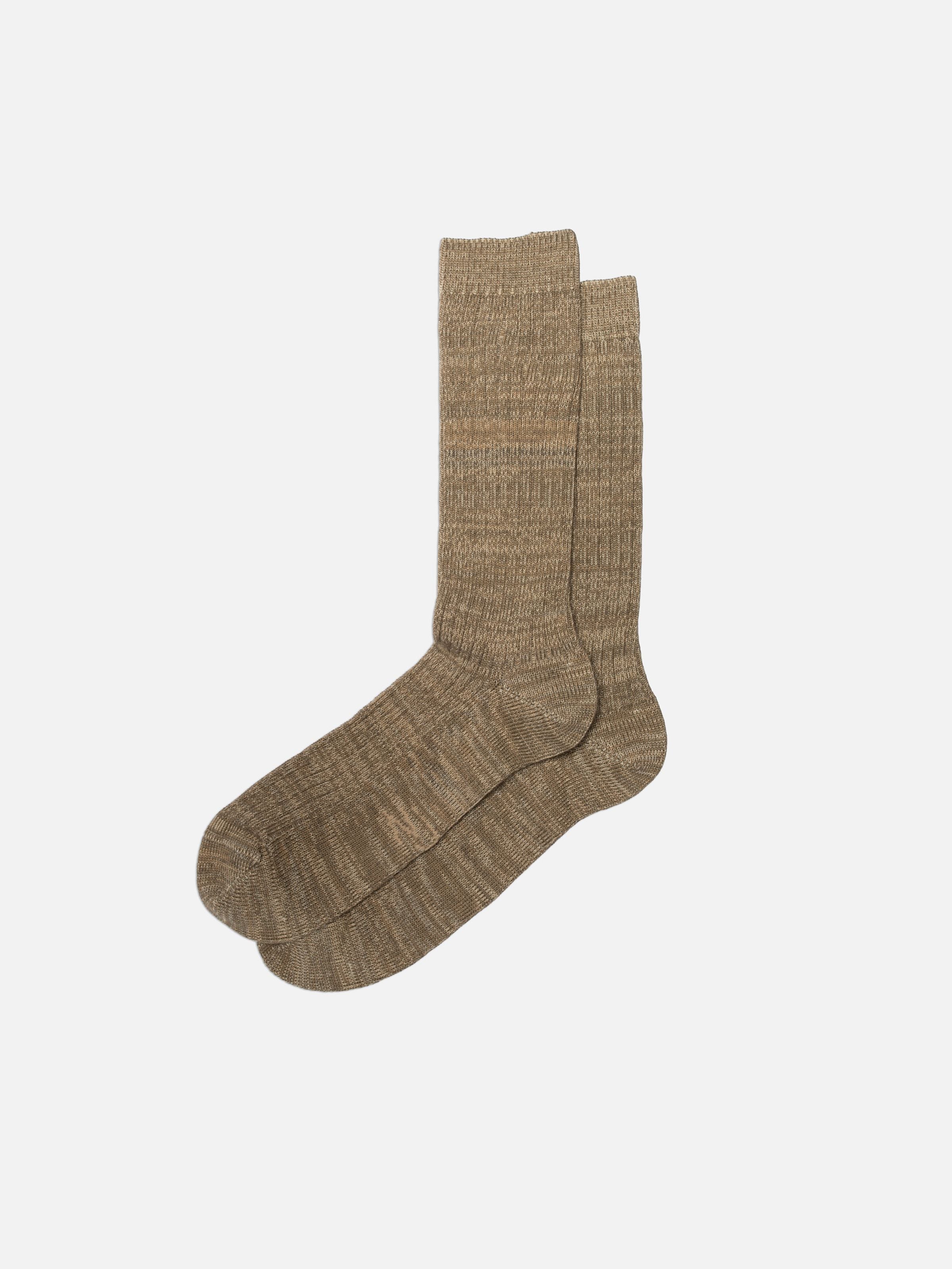 Nudie Jeans Rasmusson Mens Rib Sock in Green Melange, olive midweight organic cotton ribbed socks shown flat.