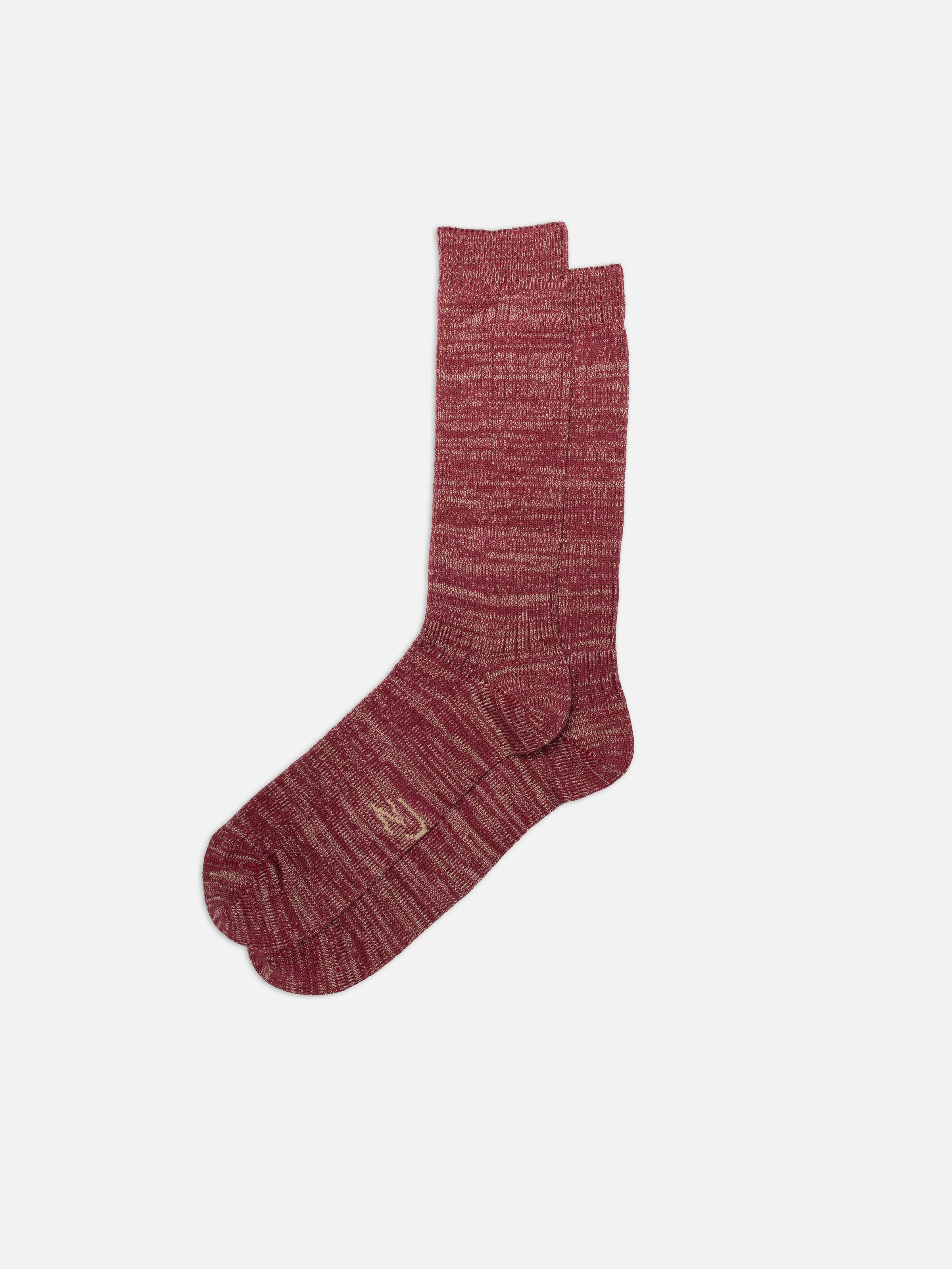 Nudie Jeans Rasmusson Mens Rib Sock in Burgundy, midweight organic cotton ribbed socks shown in a flatshot.