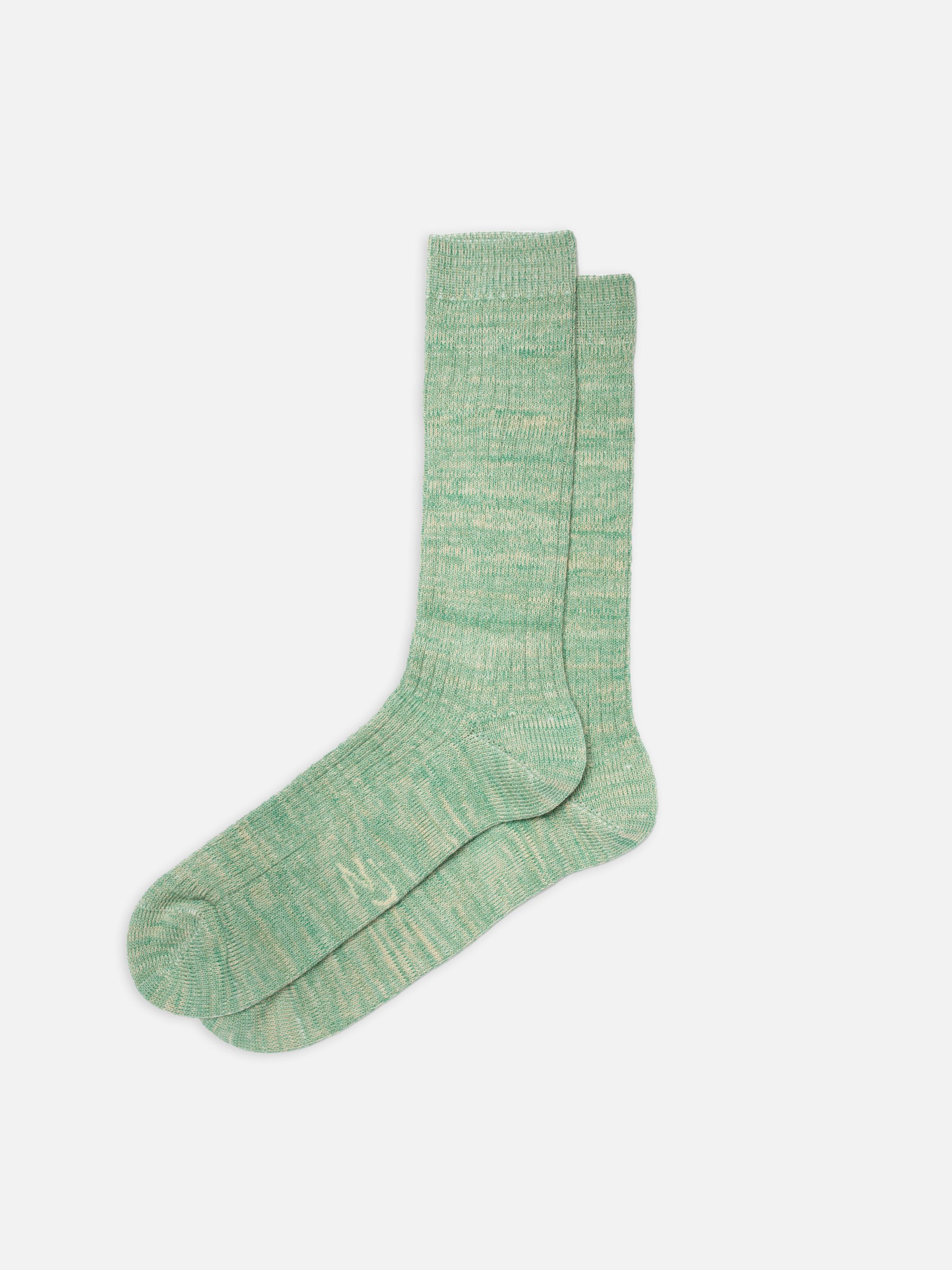 Nudie Jeans Rasmusson Mens Rib Sock Turquoise, a pair of organic cotton ribbed socks shown as a flat lay.