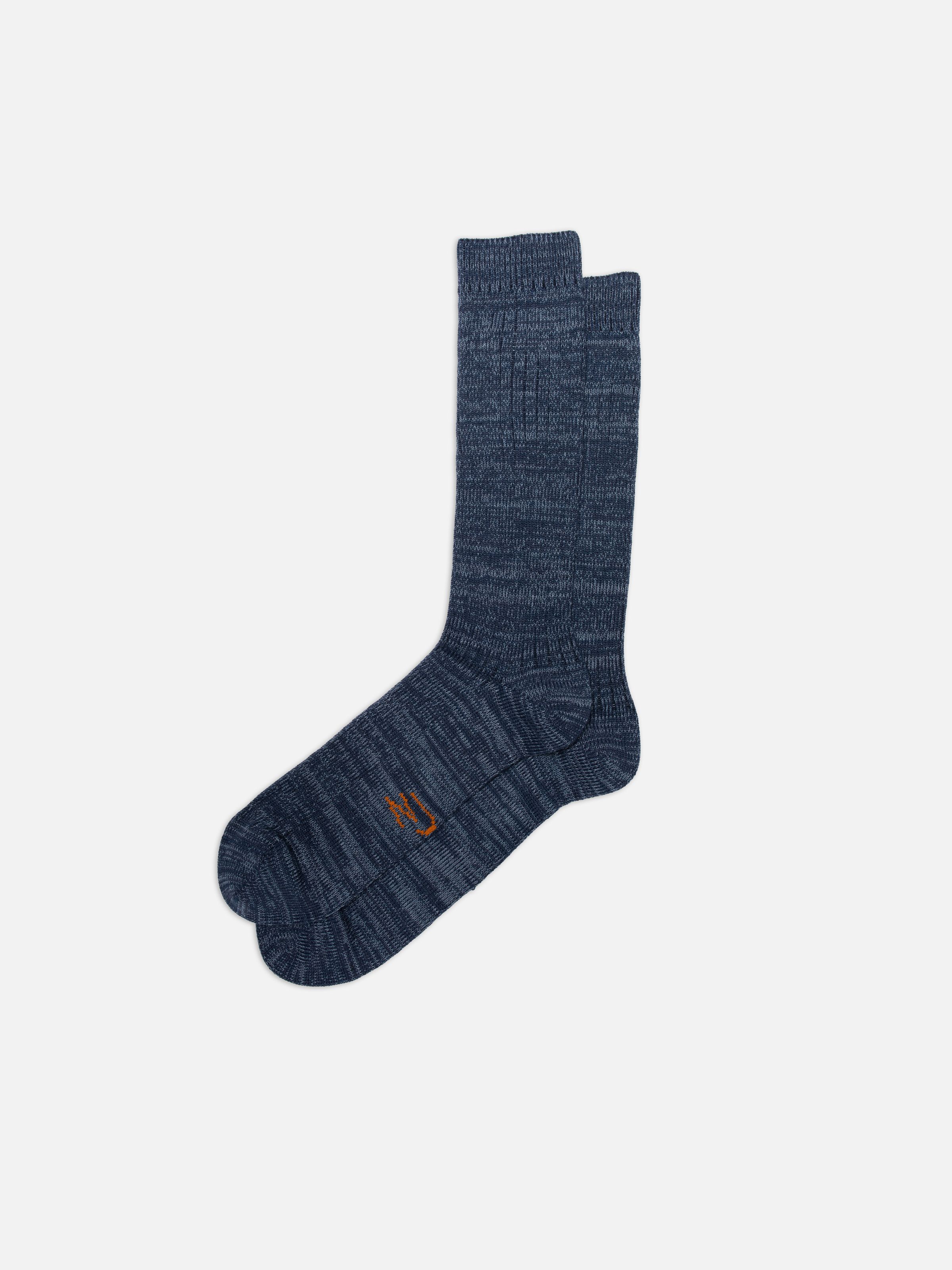 Nudie Jeans Rasmusson Mens Rib Sock in Dark Blue, midweight organic cotton ribbed socks with an orange logo detail.