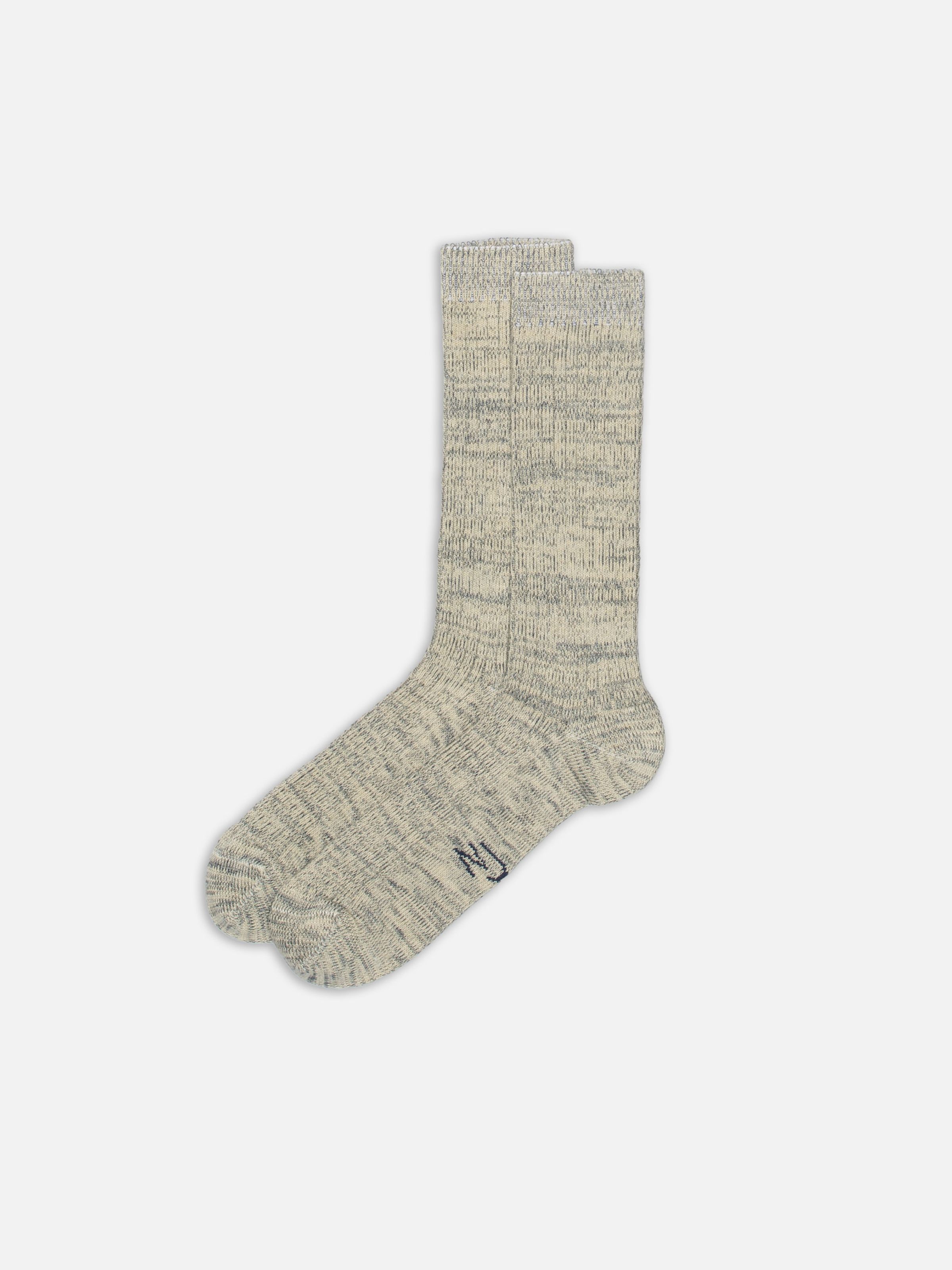 Nudie Jeans Rasmusson Rib Sock in Beige Melange, a pair of men's socks laid flat against a white background.