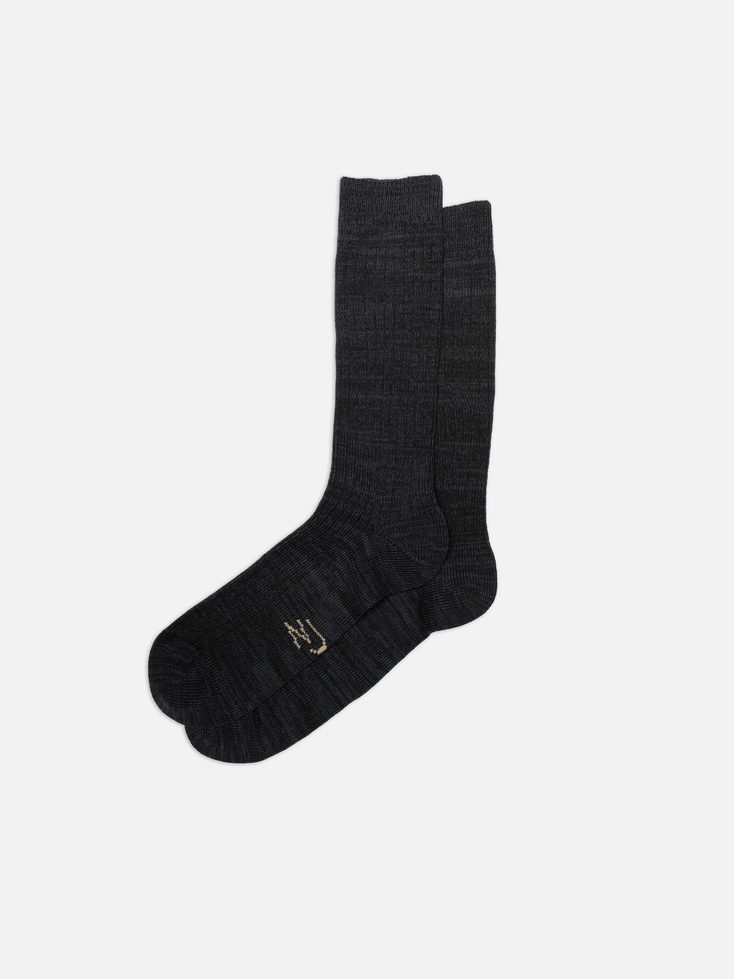 Nudie Jeans Rasmusson Mens Rib Sock in Dark Grey, midweight organic cotton rib knit socks shown flat.